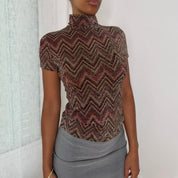 Italian Vintage Brown Copper Metallic Chevron Zigzag Knit Short Sleeve Turtleneck Top