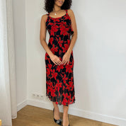 Vintage Red Floral Mesh Midi Dress (M)