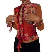 Rare Italian vintage red orange graphic print semi-sheer mesh top with sequin