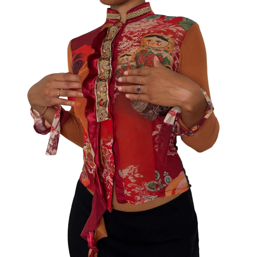 Rare Italian vintage red orange graphic print semi-sheer mesh top with sequin
