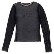 Cop Copine 2000s Black Mesh French Script Long Sleeve Top (XS/S)
