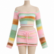 Pastel Fuzzy Striped Knit Top & Mini Skirt Set (XS-2XL)