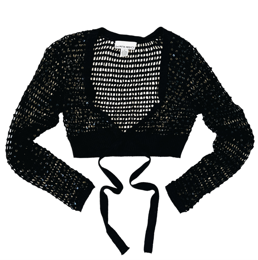 Black Sequin Crochet Tie Front Top (M)