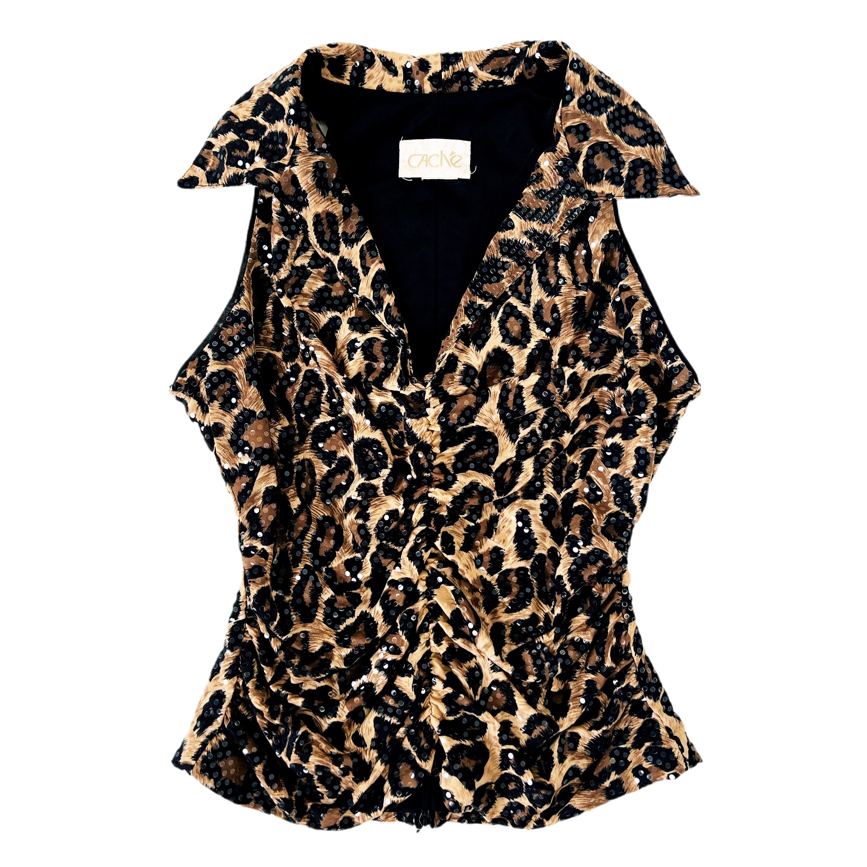 Caché Ruched Sequin Leopard Top (S)