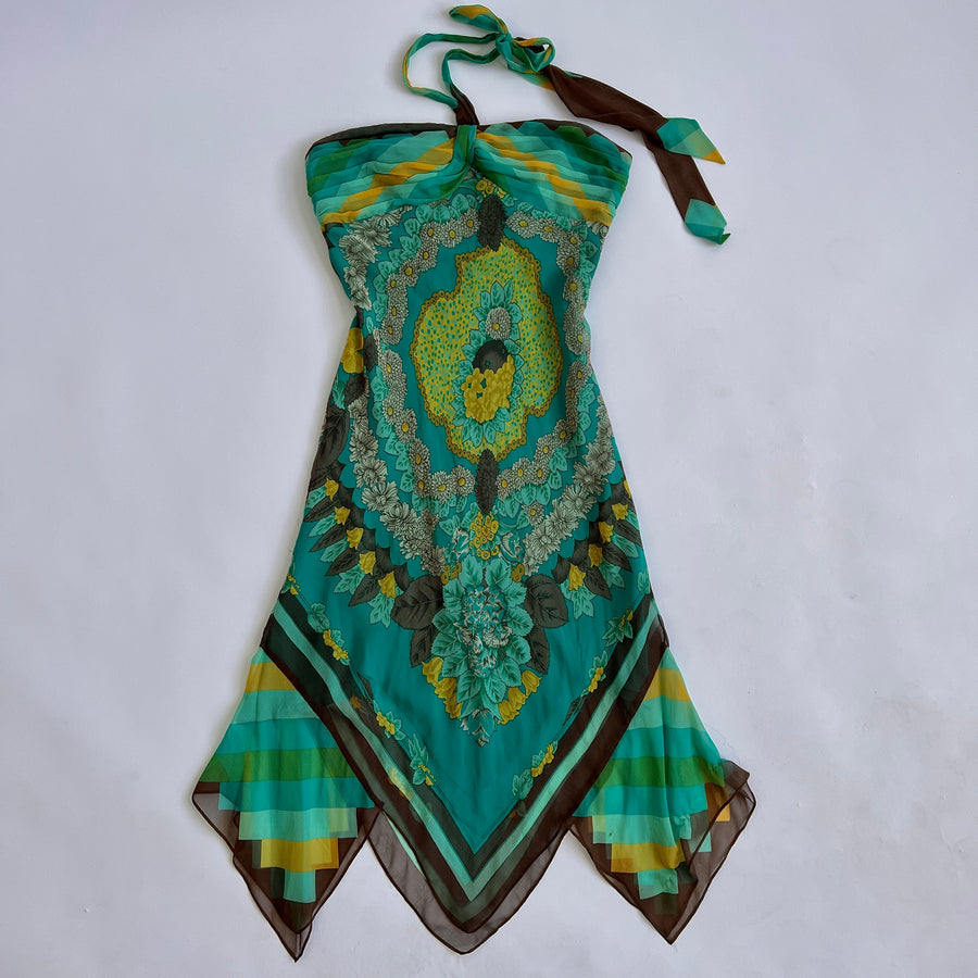 100% silk boho print halter dress - S