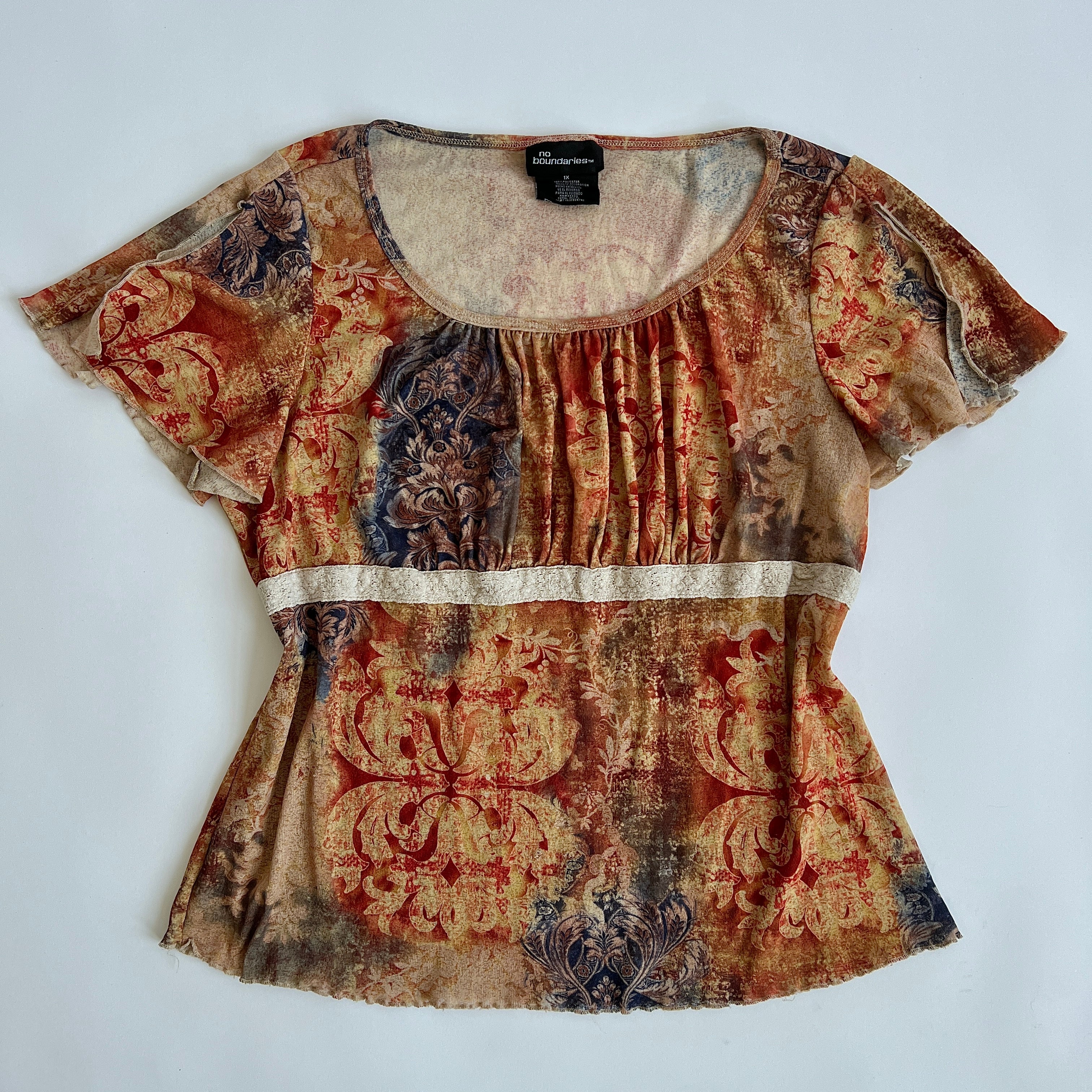Y2k mesh boho print babydoll top - XL