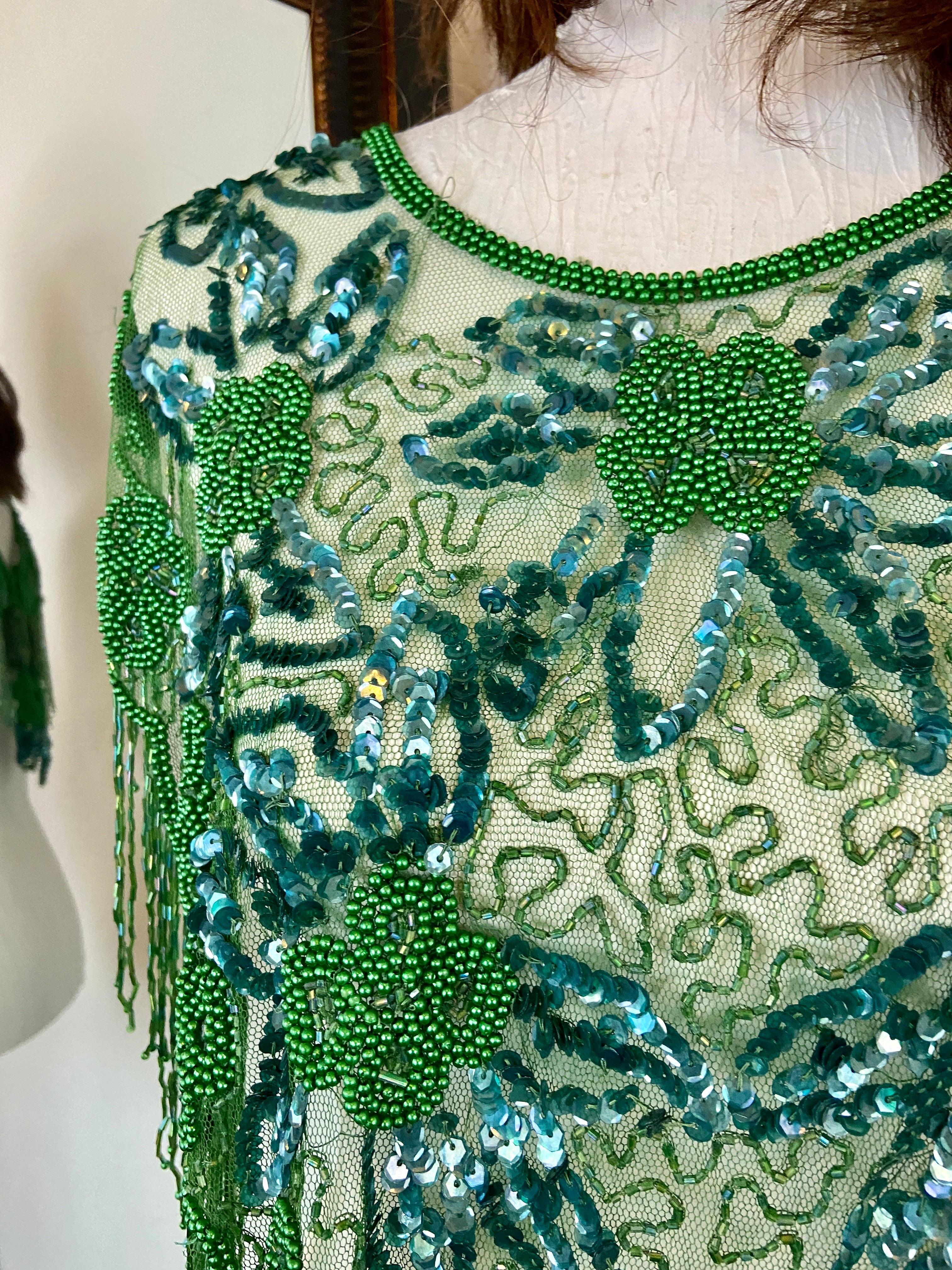 Green Glass Beaded Fringe & Sequin Shrug