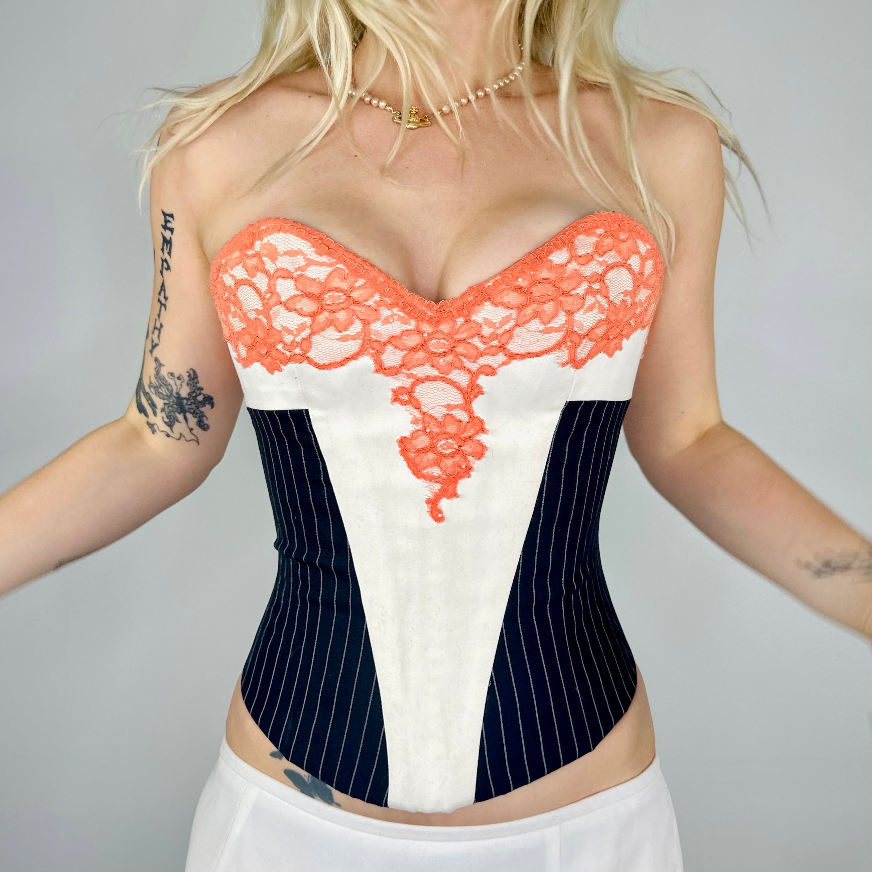 Handmade Pinstripe + Lace Corset