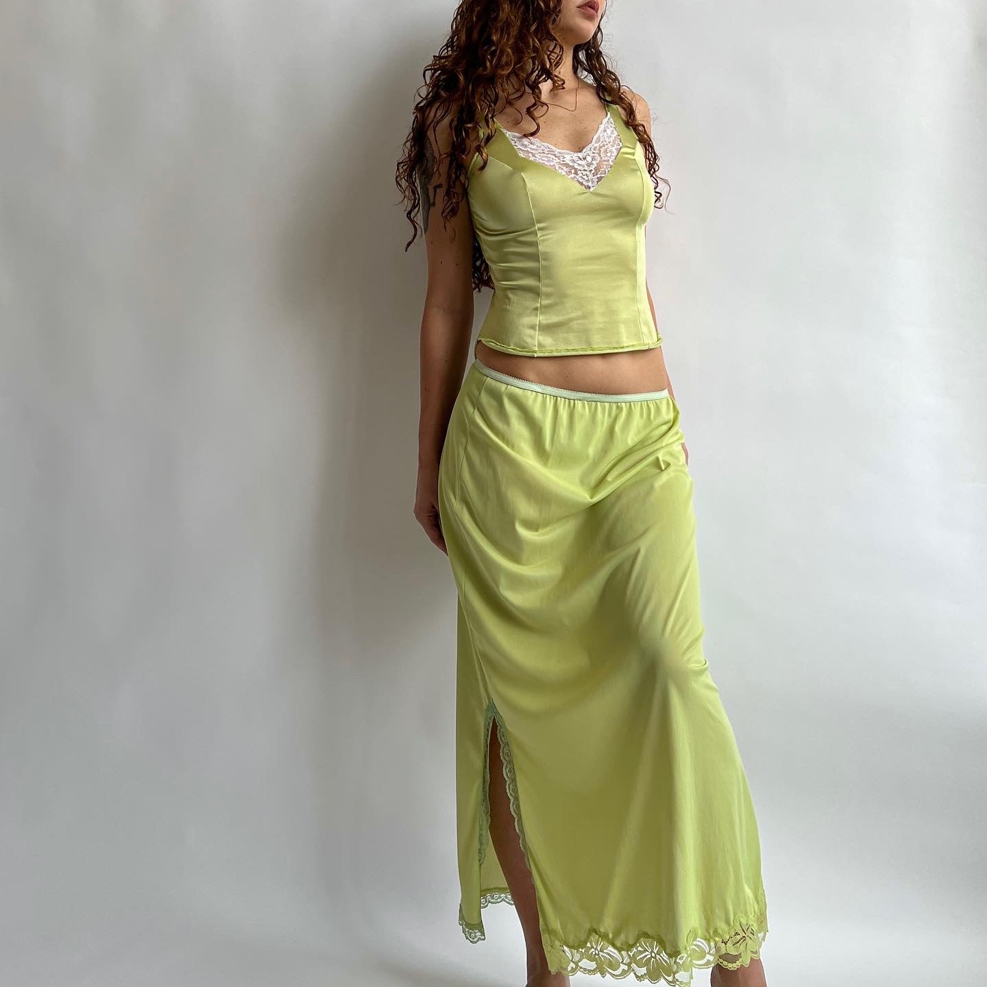Light green hand dyed satin maxi skirt - S/M
