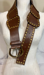 Wide High Waist Full Grain Leather Studed Link Belt