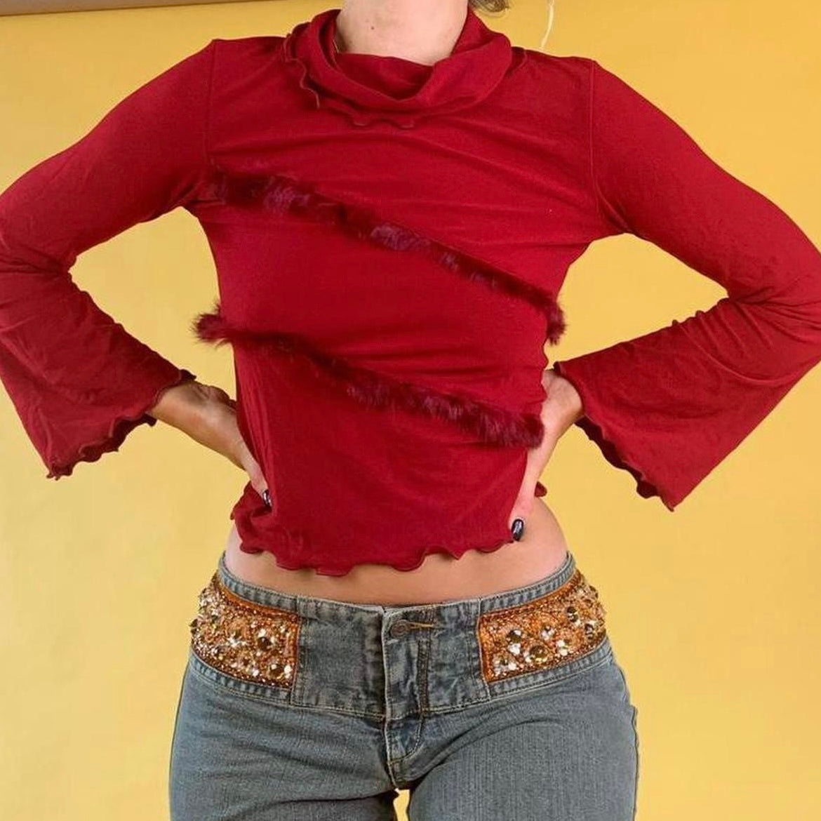 Y2K Crimson Bell Sleeve Blouse - Medium