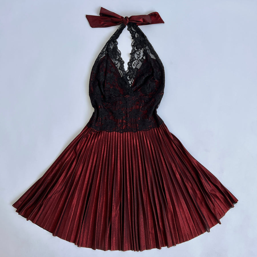 90s garnet & black lace pleated halter dress - S/M