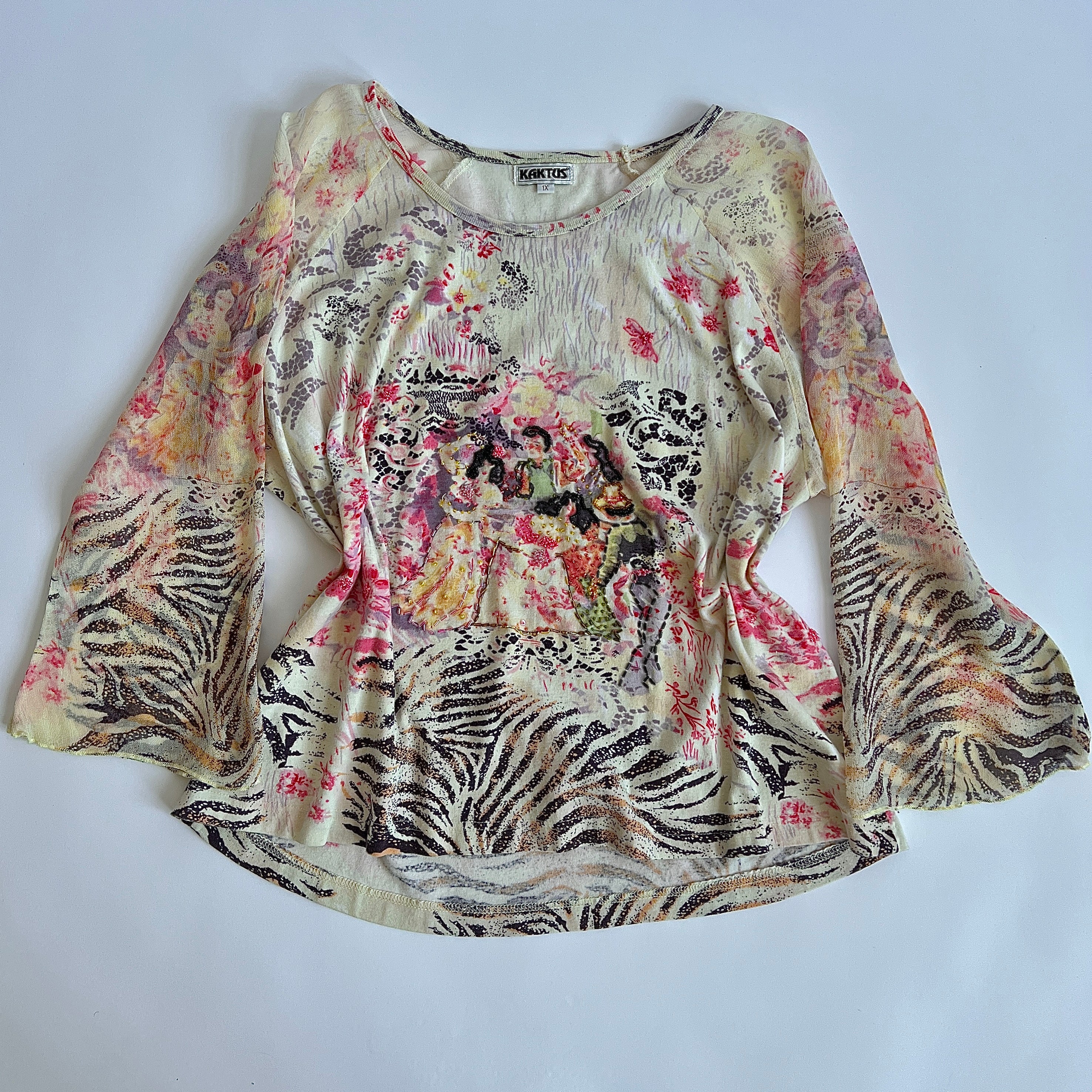 Vintage beaded people print top - 1X