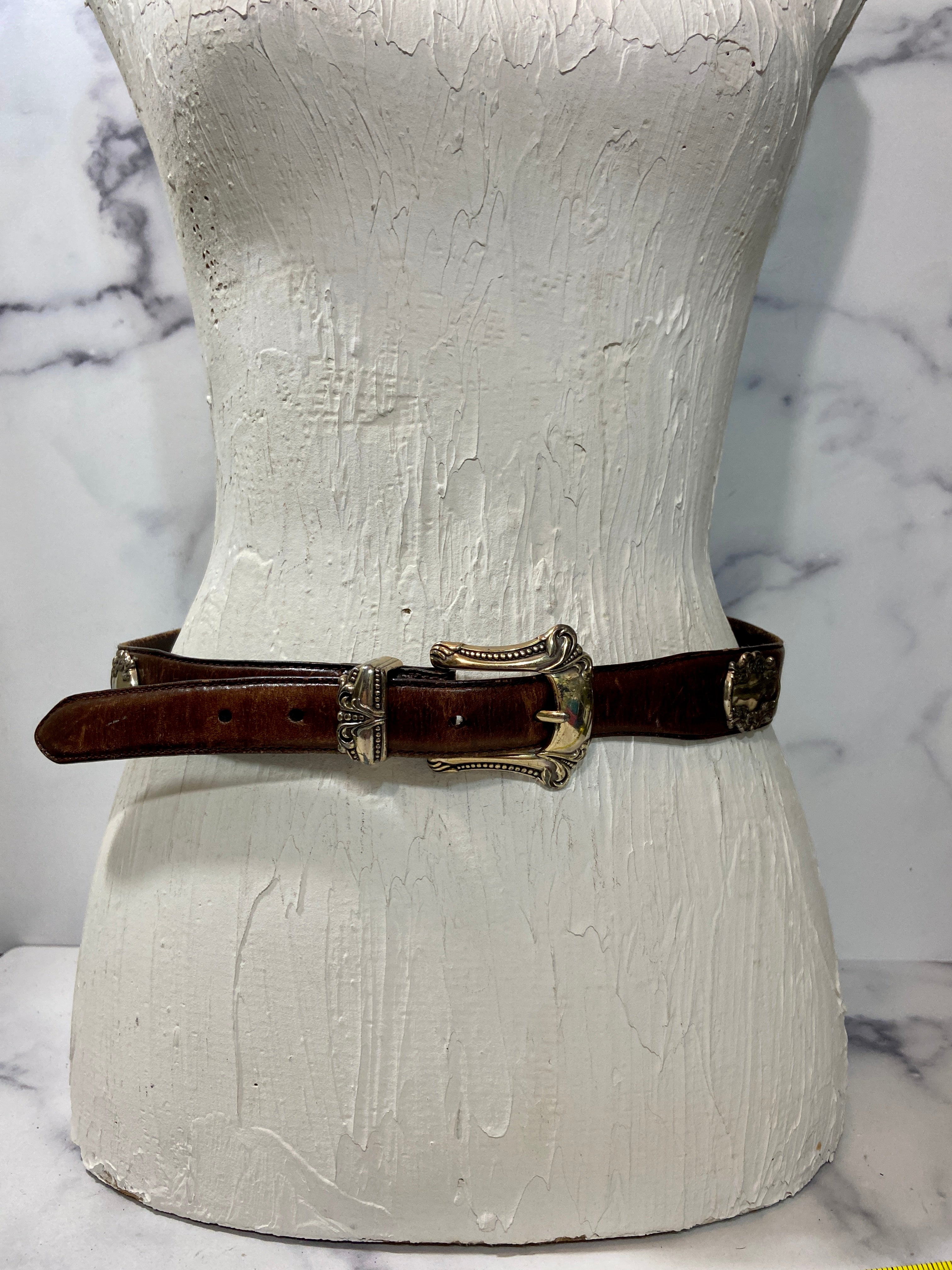 Vintage Brown Leather Belt with Silver Medallions