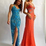 heavily beaded teal formal dress - xs