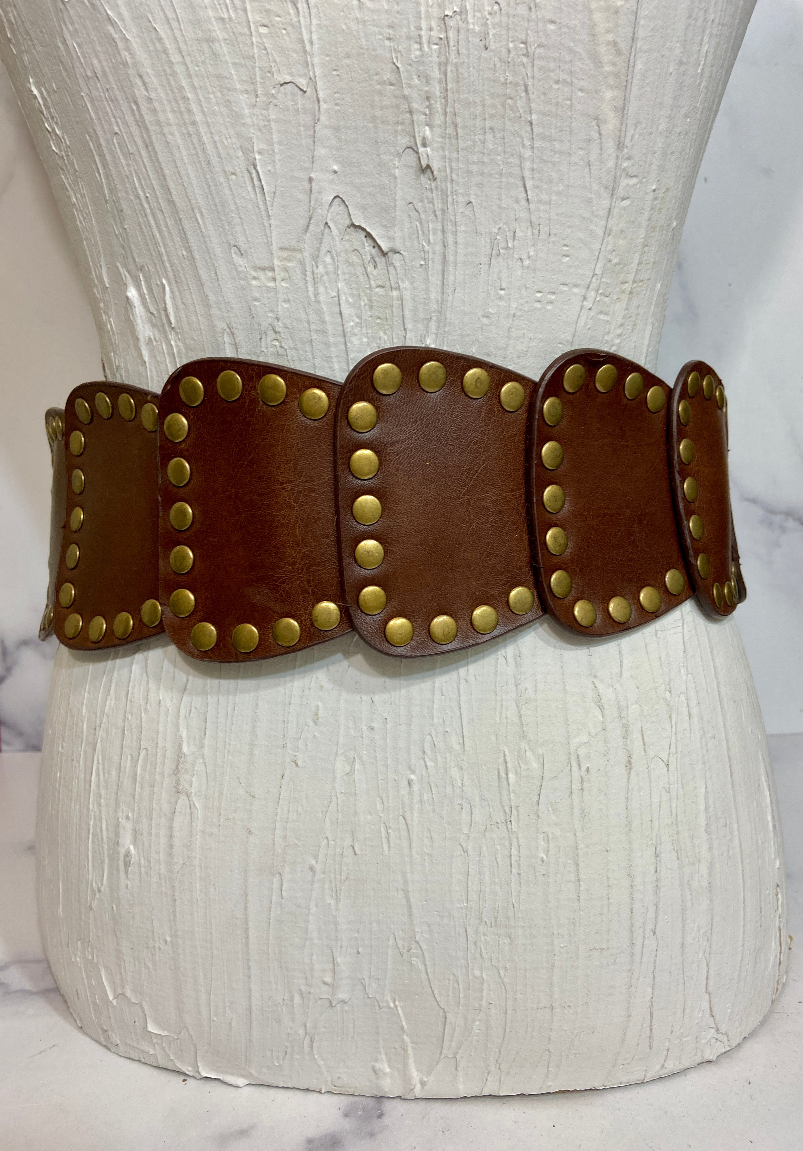 Wide High Waist Full Grain Leather Studed Link Belt