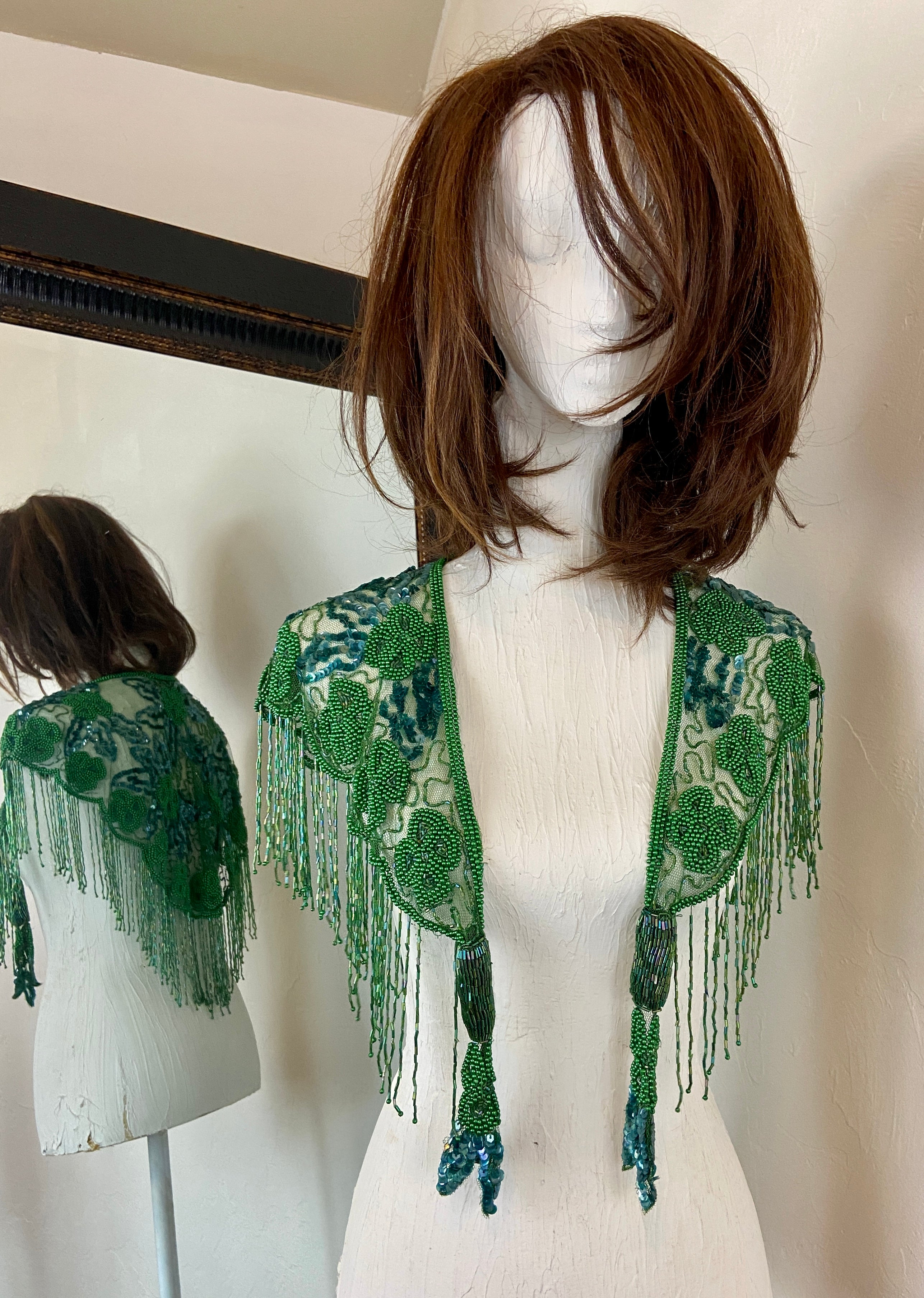 Green Glass Beaded Fringe & Sequin Shrug