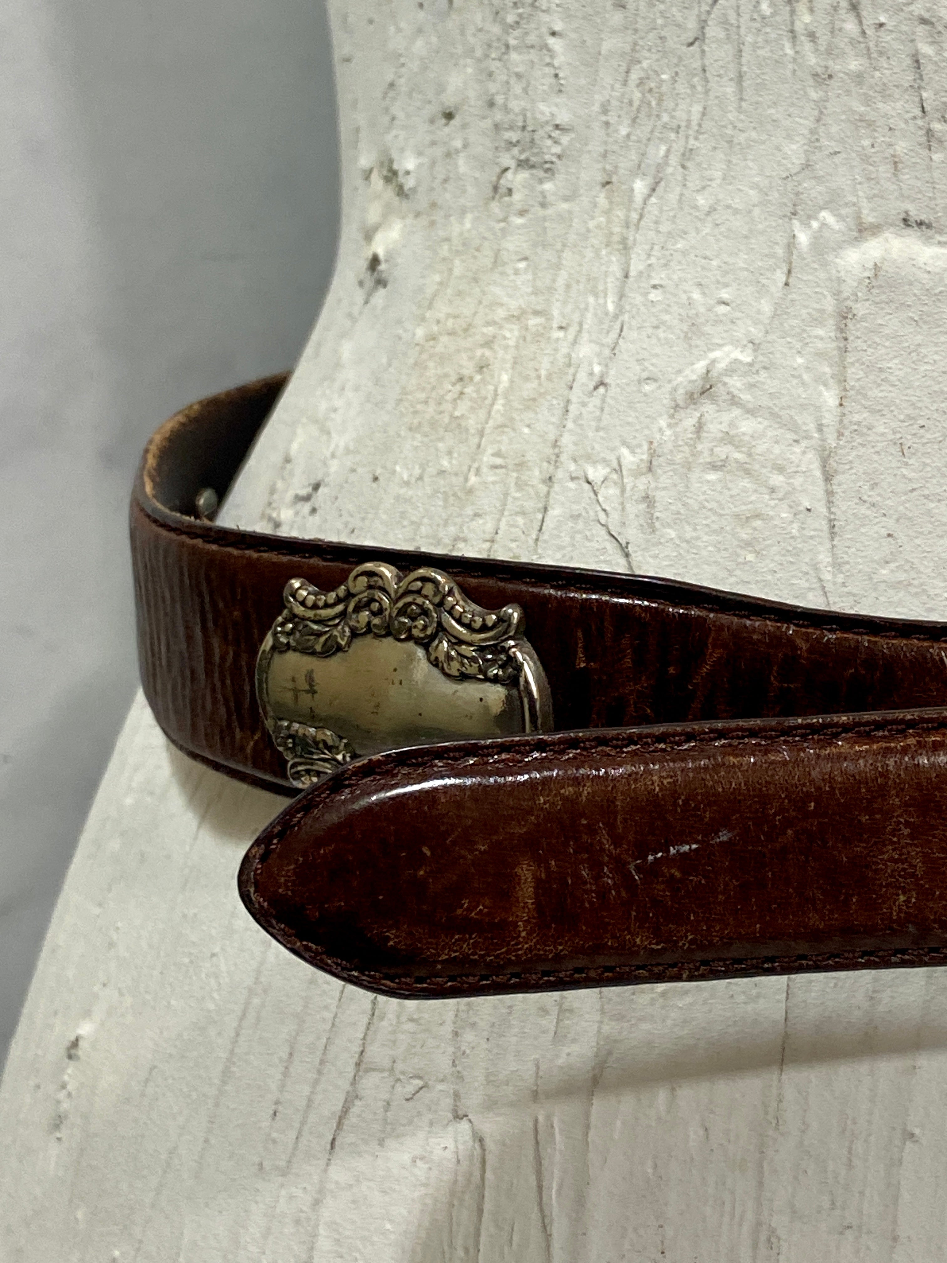 Vintage Brown Leather Belt with Silver Medallions