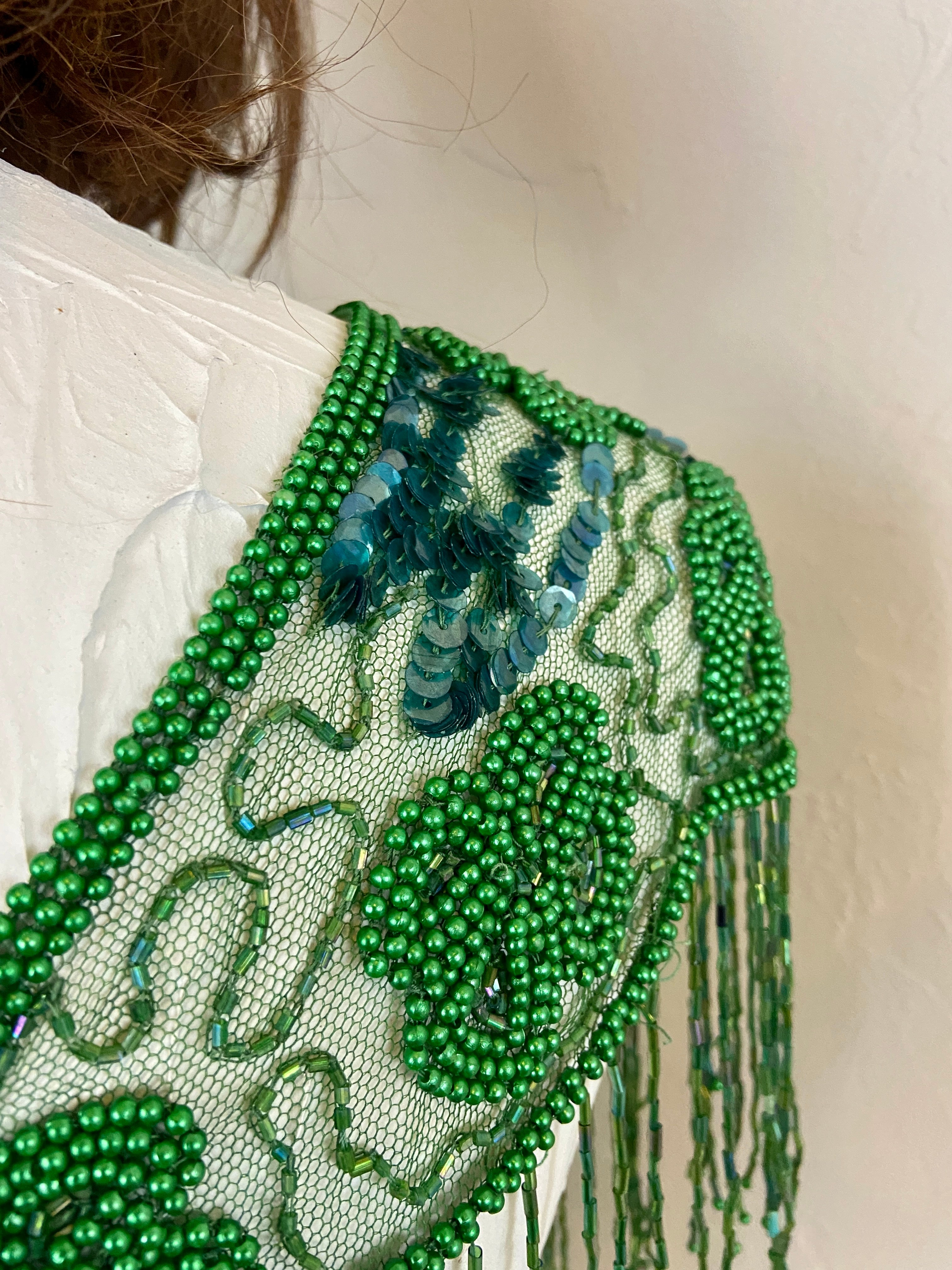 Green Glass Beaded Fringe & Sequin Shrug