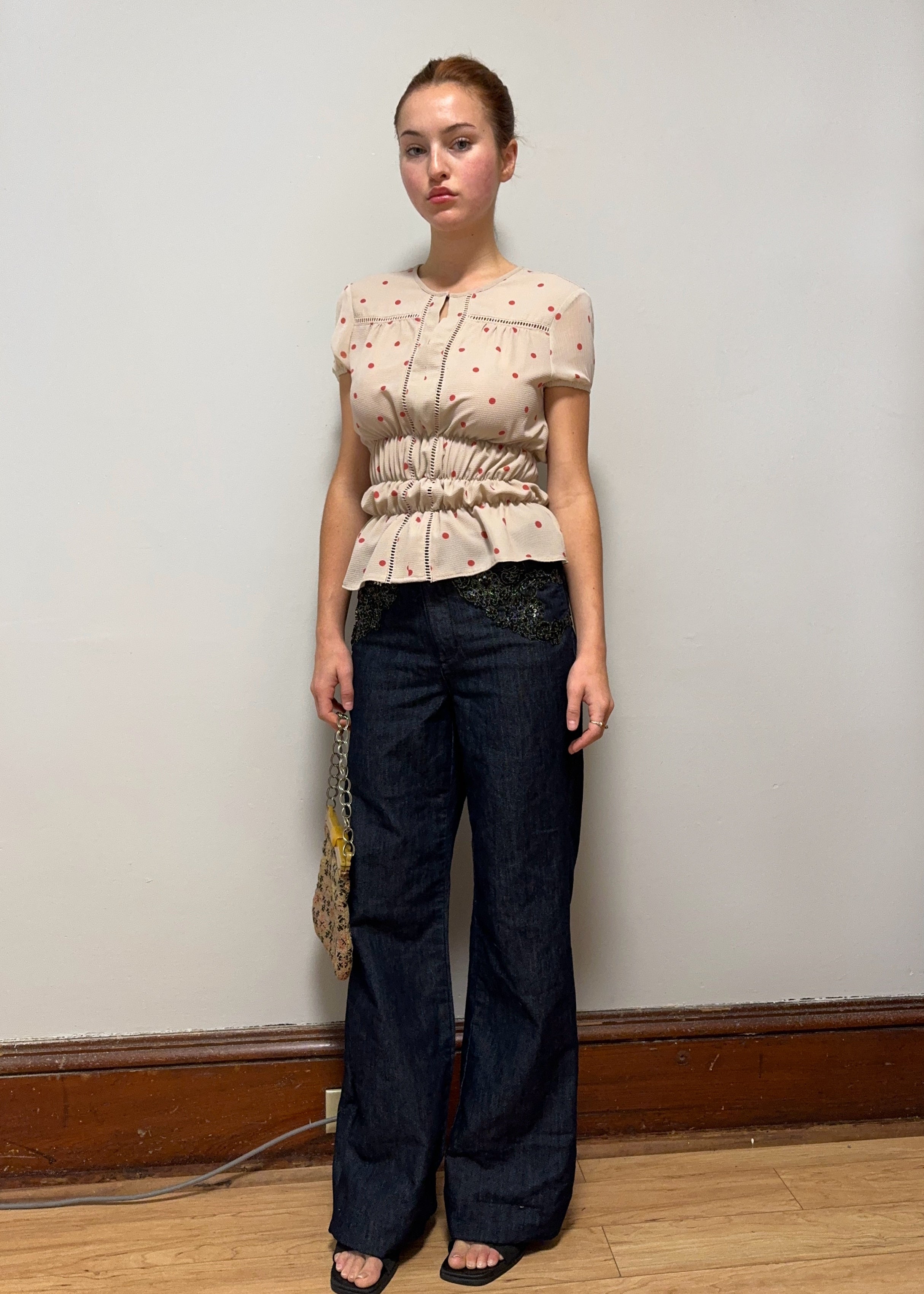 Cream Ruched Dotty Blouse (XS)