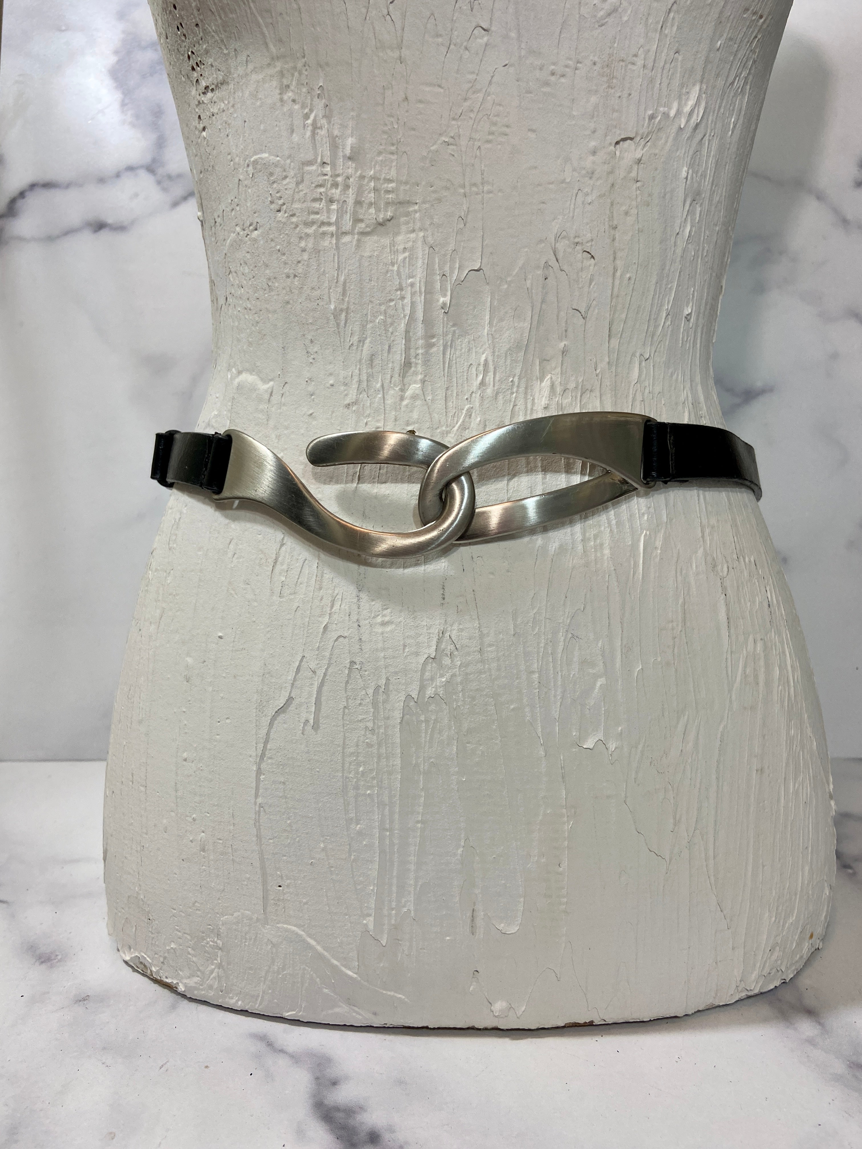 Black Leather Hook Closure Buckle Adjustable Slide Black Belt