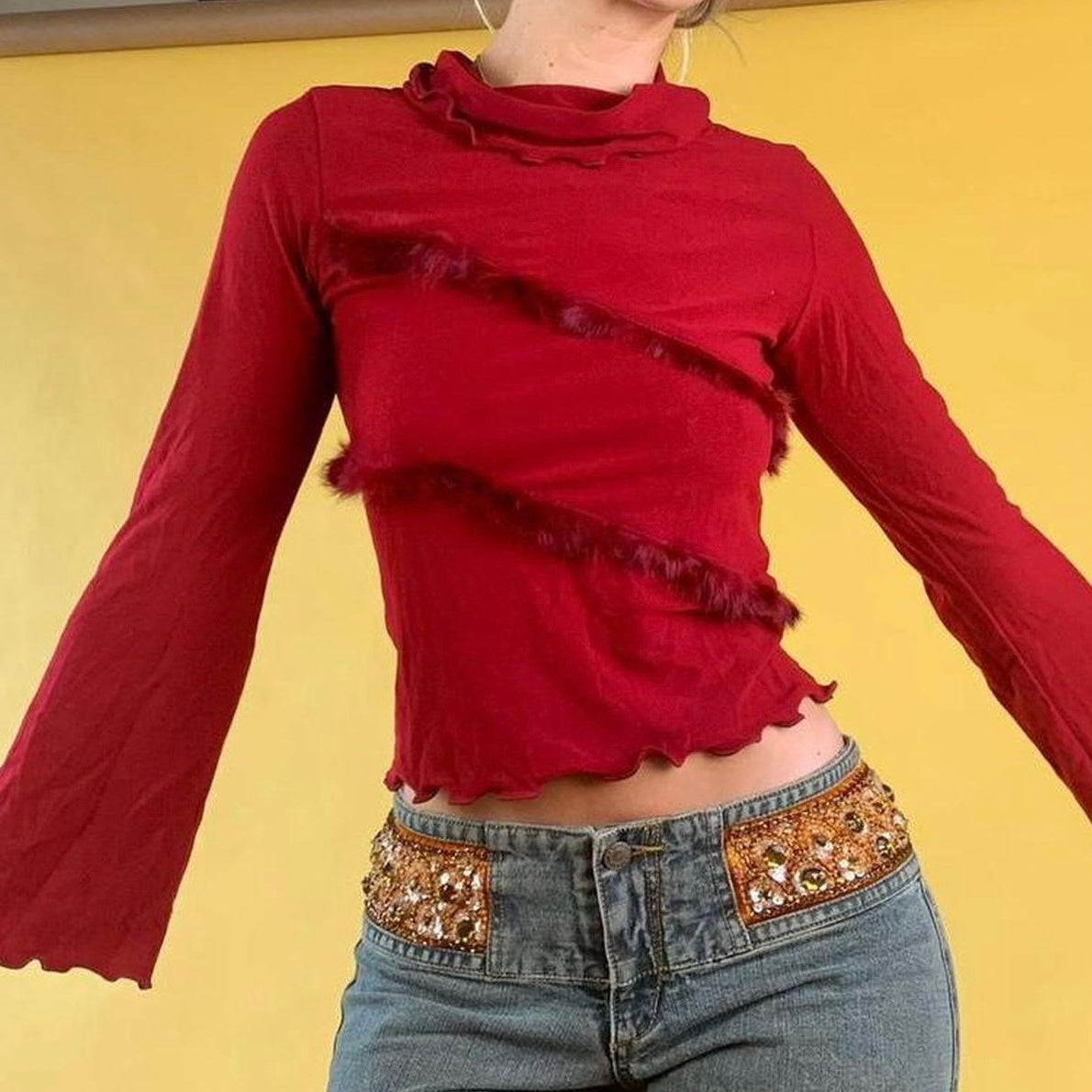 Y2K Crimson Bell Sleeve Blouse - Medium