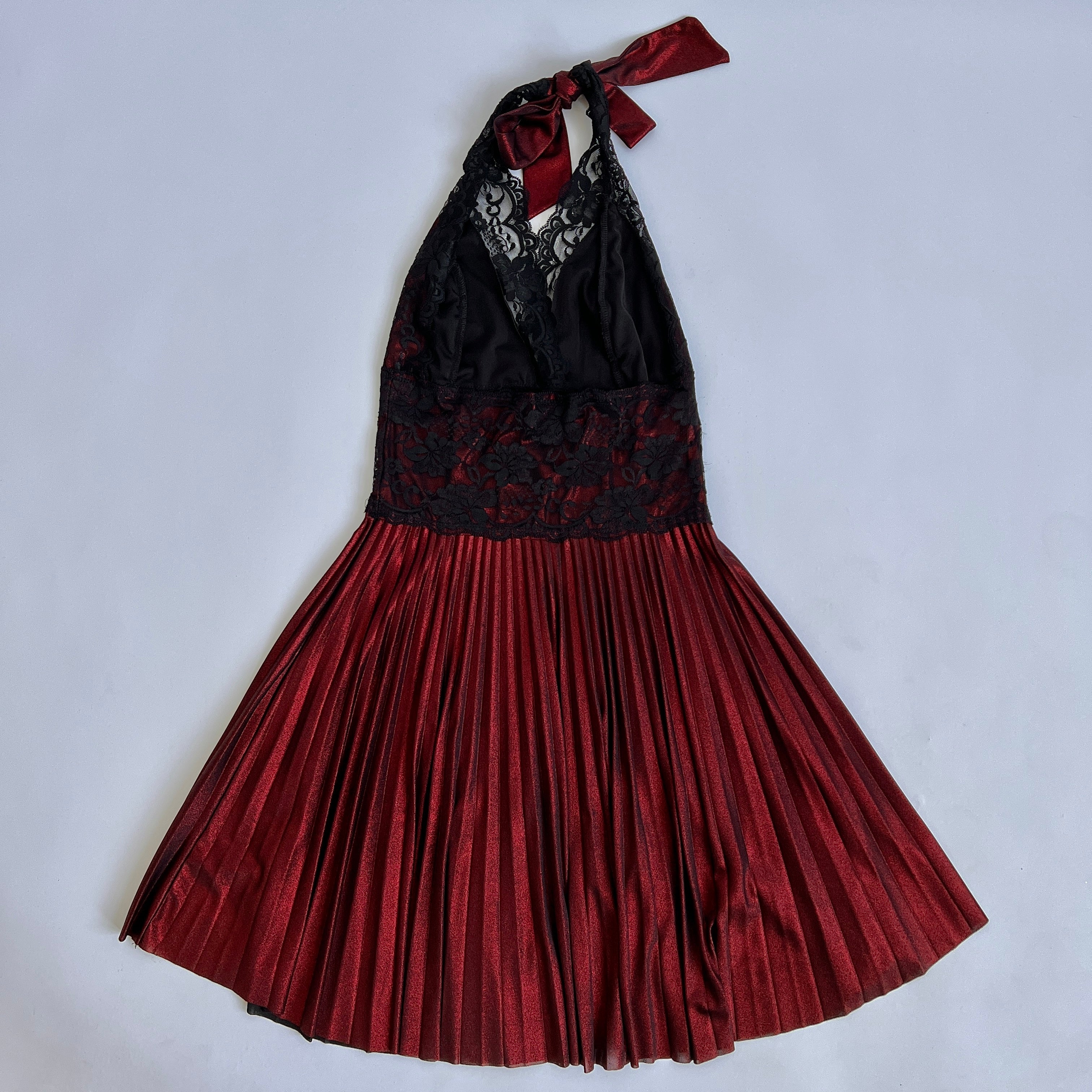 90s garnet & black lace pleated halter dress - S/M