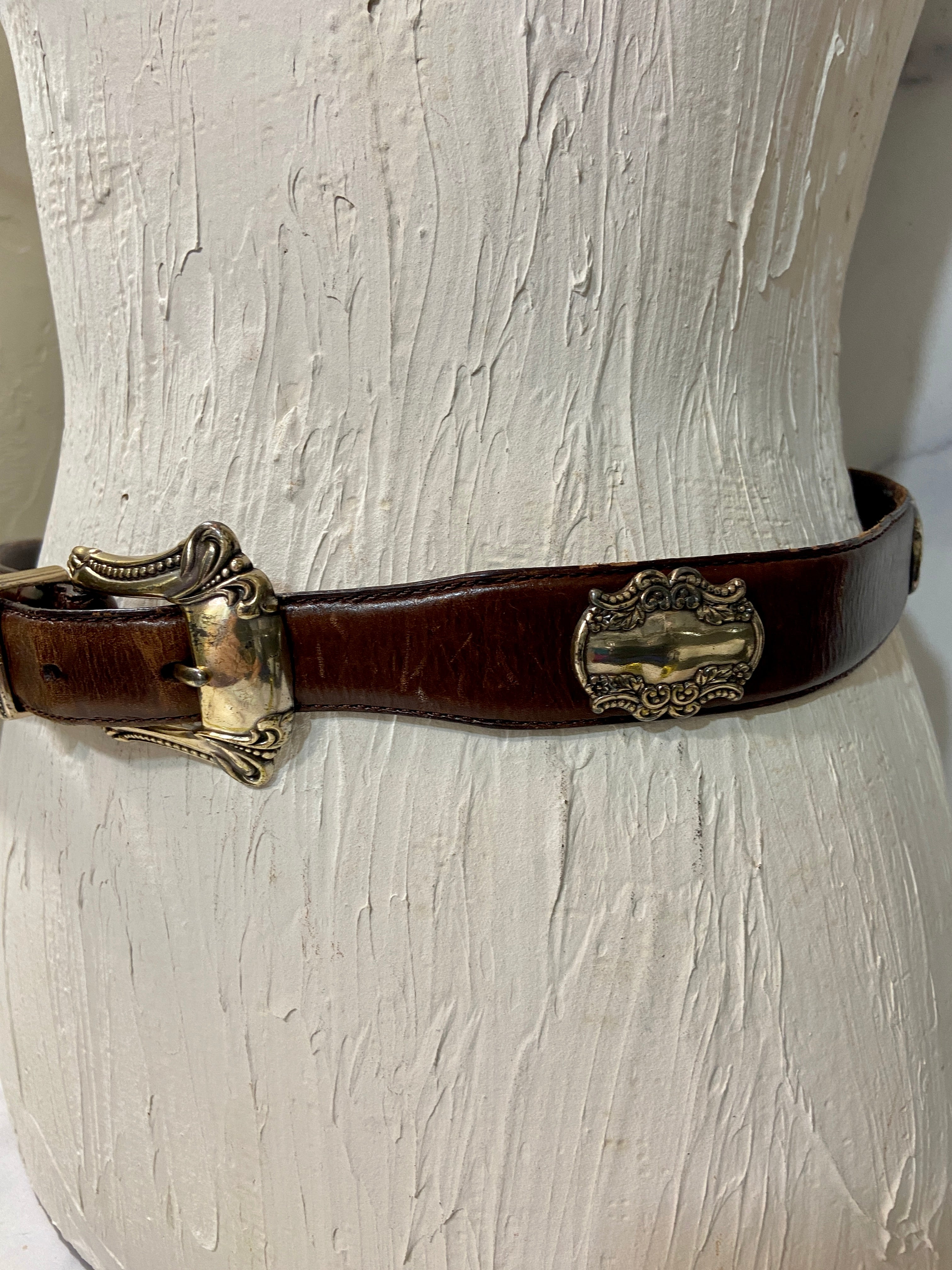 Vintage Brown Leather Belt with Silver Medallions