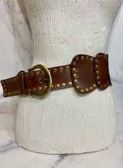 Wide High Waist Full Grain Leather Studed Link Belt