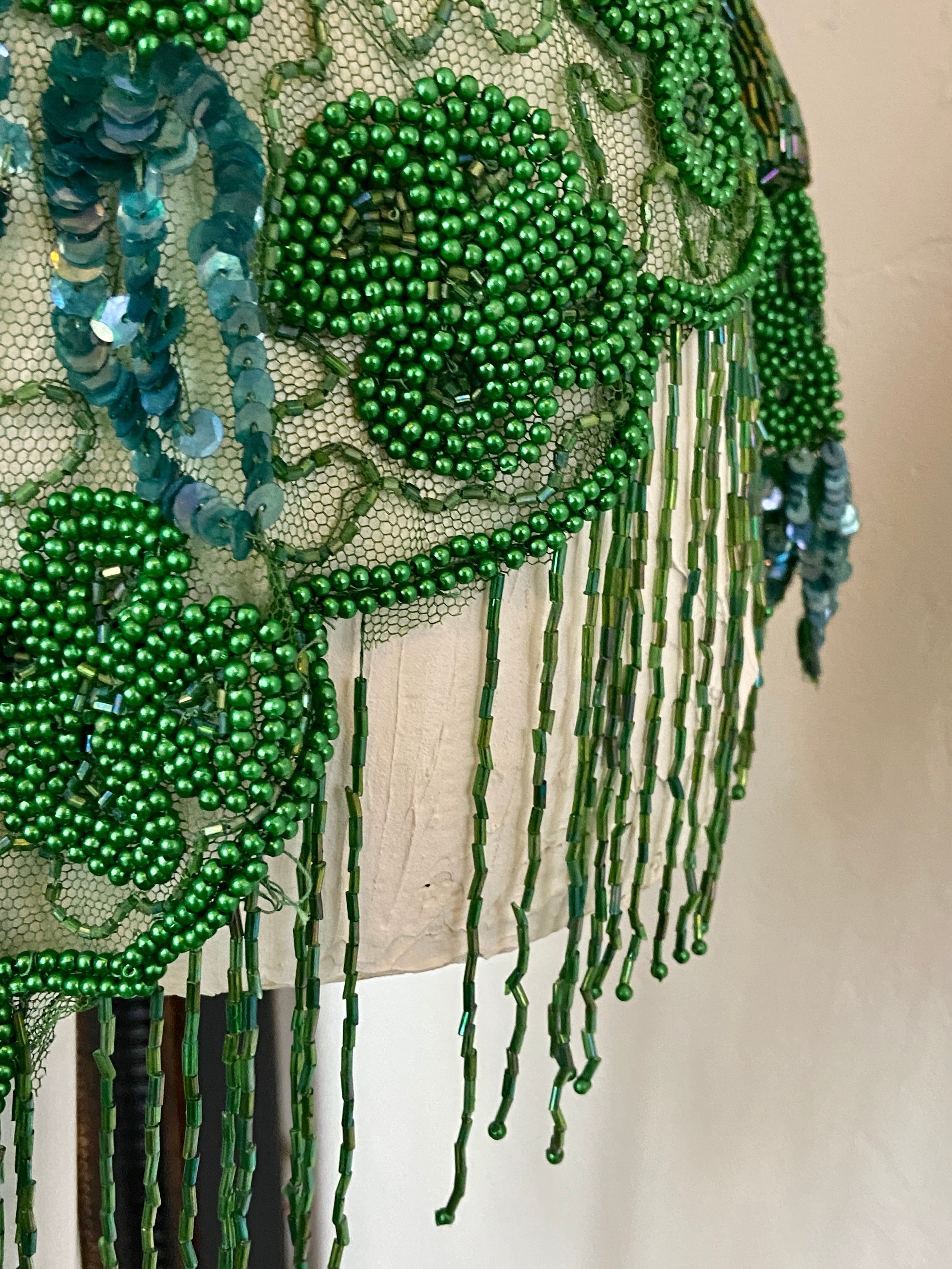 Green Glass Beaded Fringe & Sequin Shrug