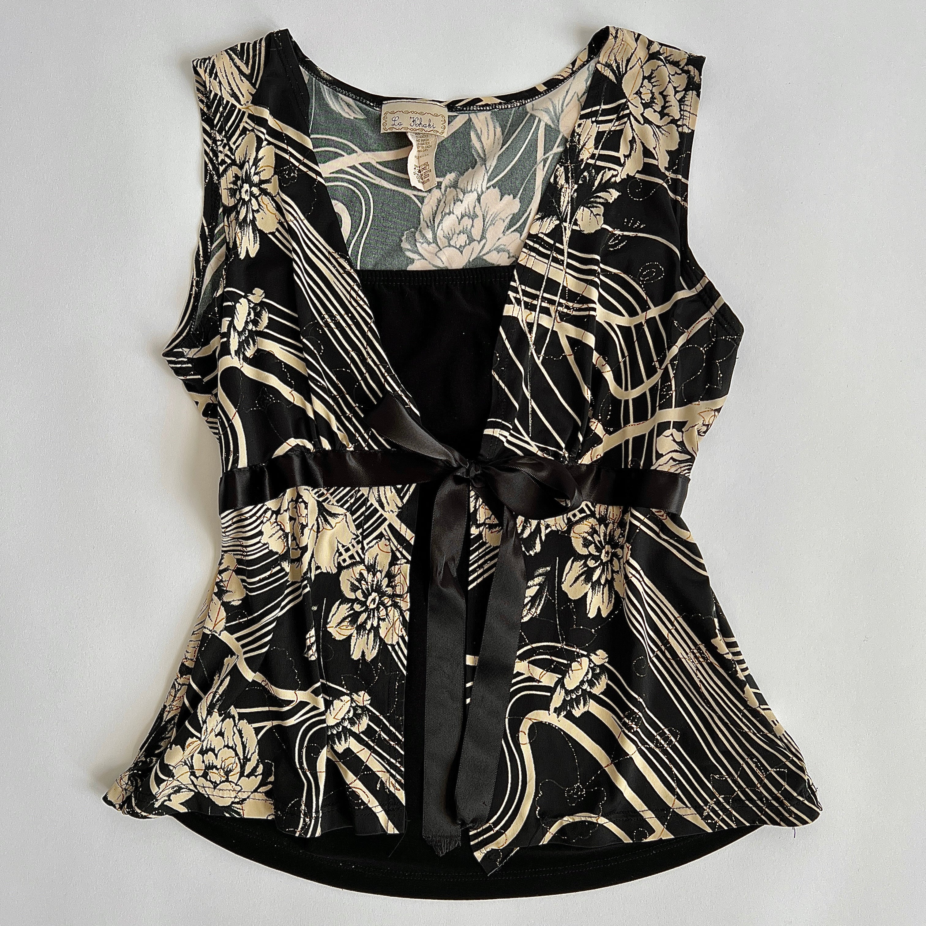 Y2K black floral front tie tank  - M/L