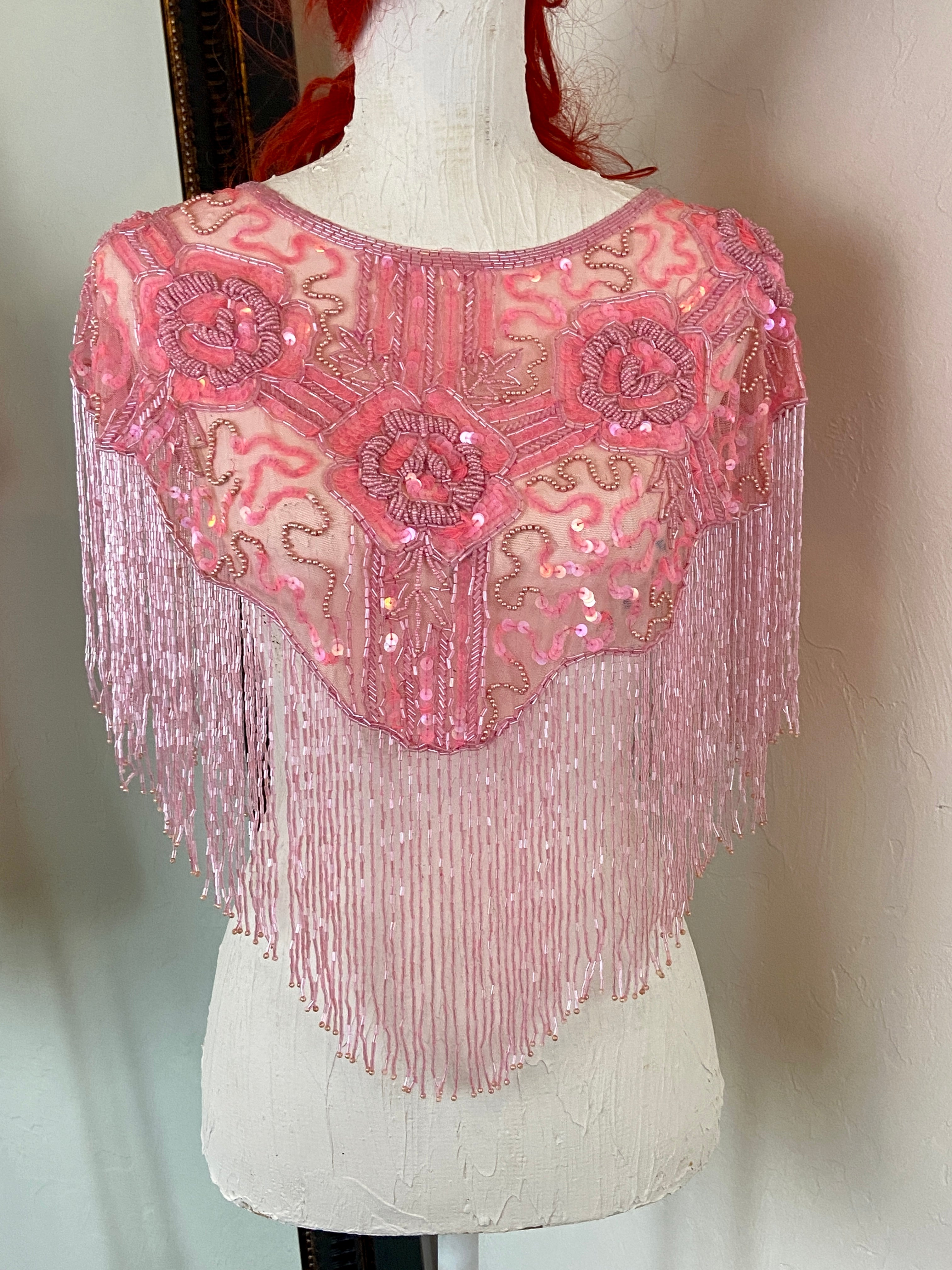 Pink Glass Beaded Fringe & Sequin Shrug