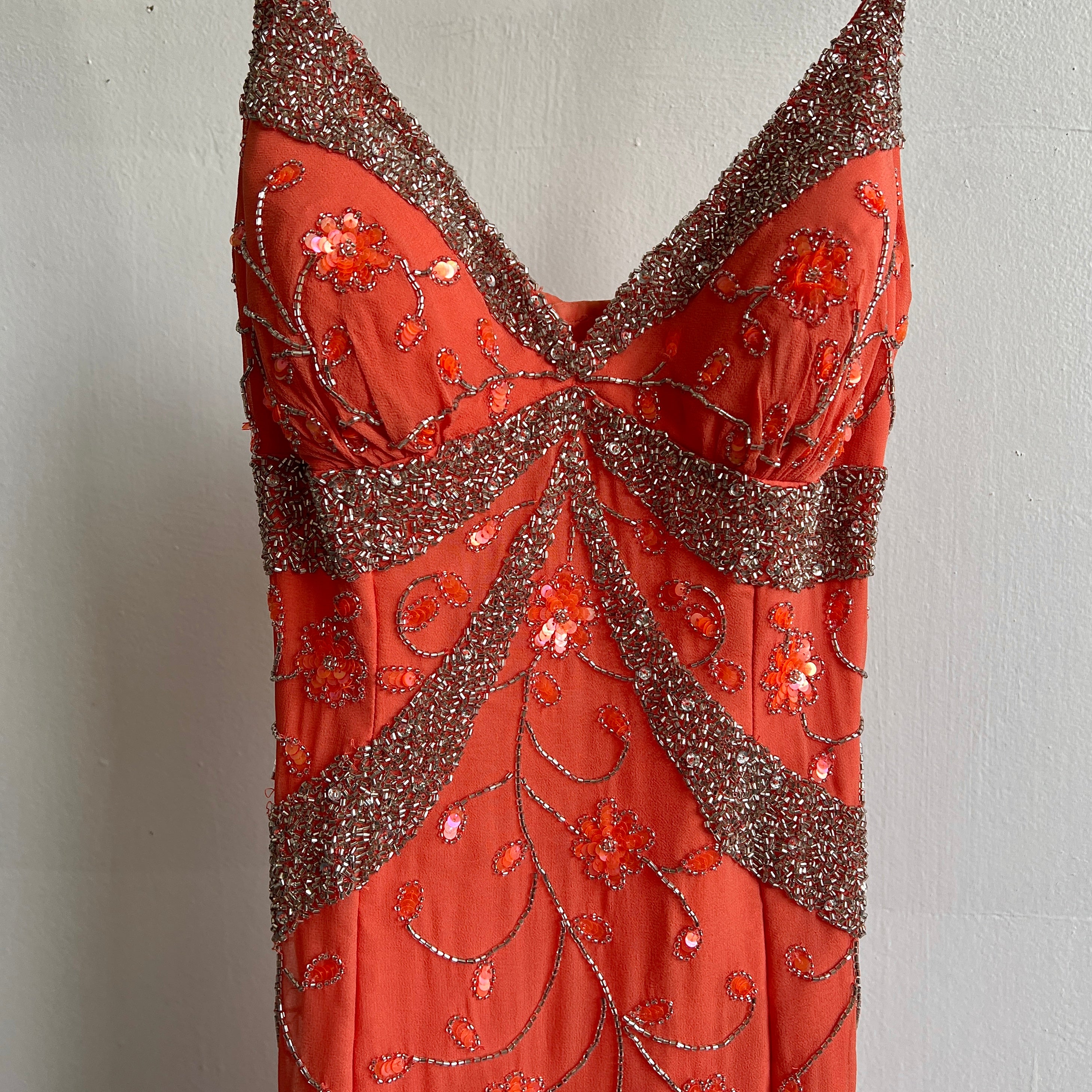 Y2K coral silk beaded formal dress - xs/s