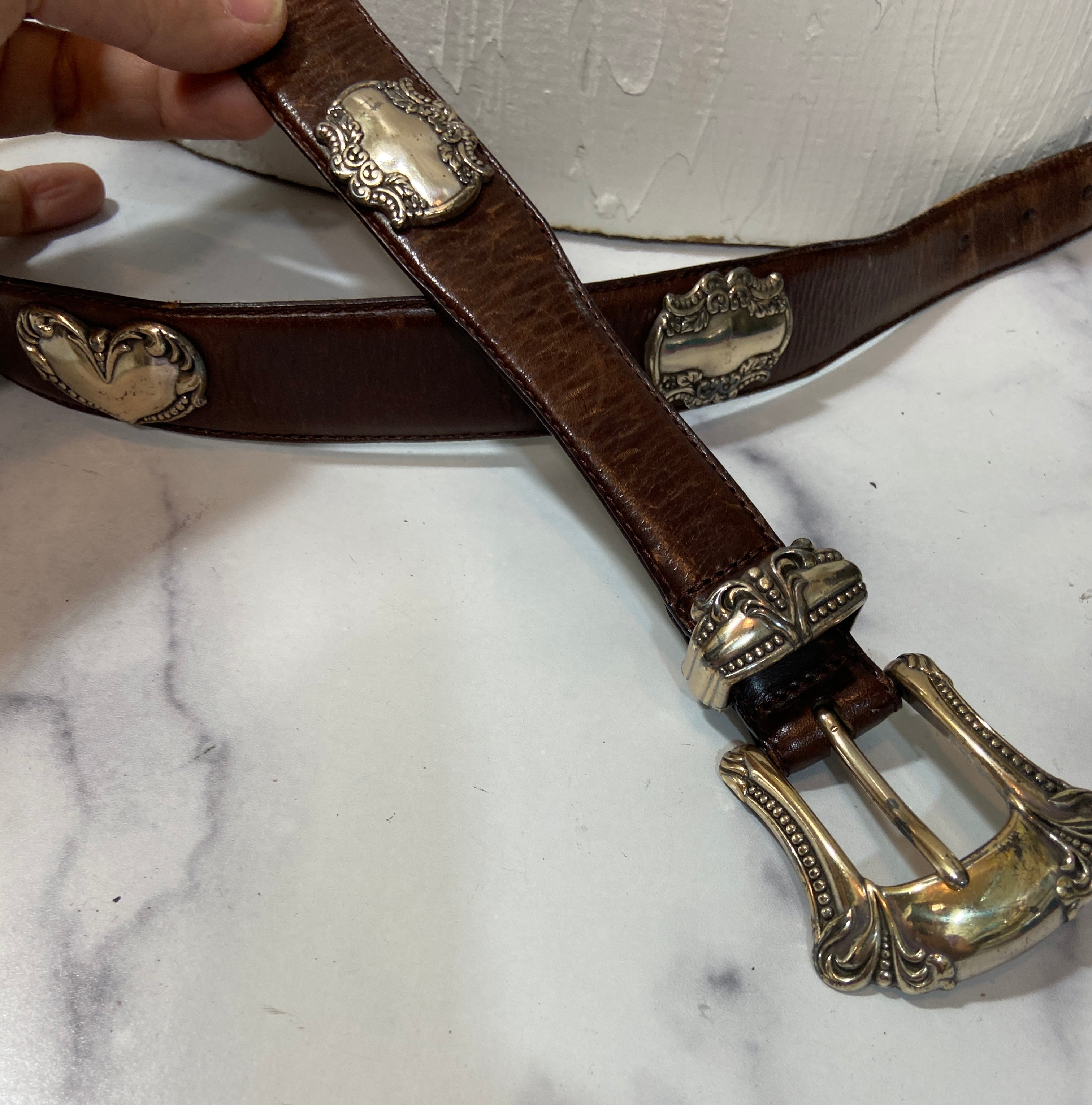 Vintage Brown Leather Belt with Silver Medallions
