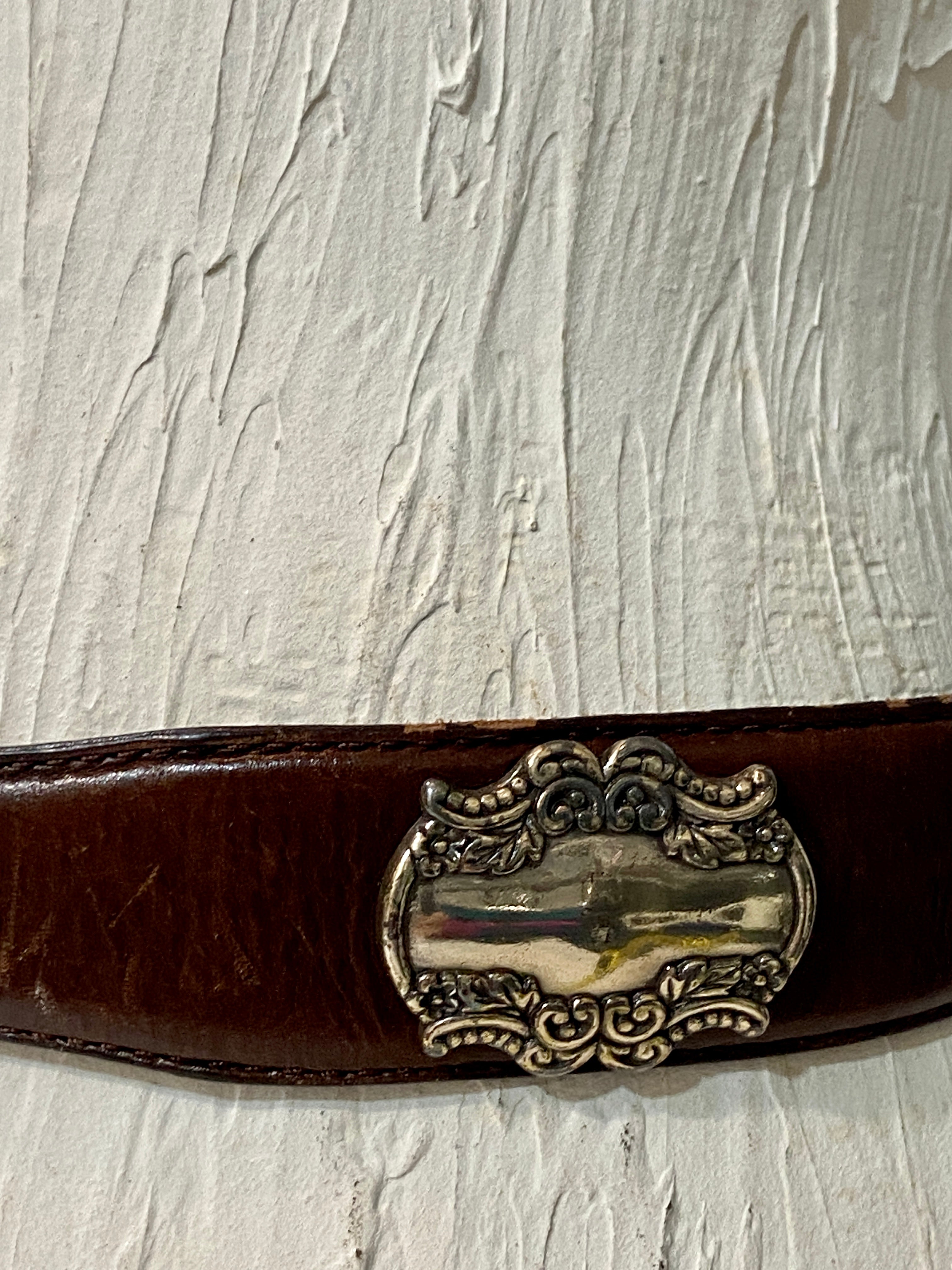 Vintage Brown Leather Belt with Silver Medallions