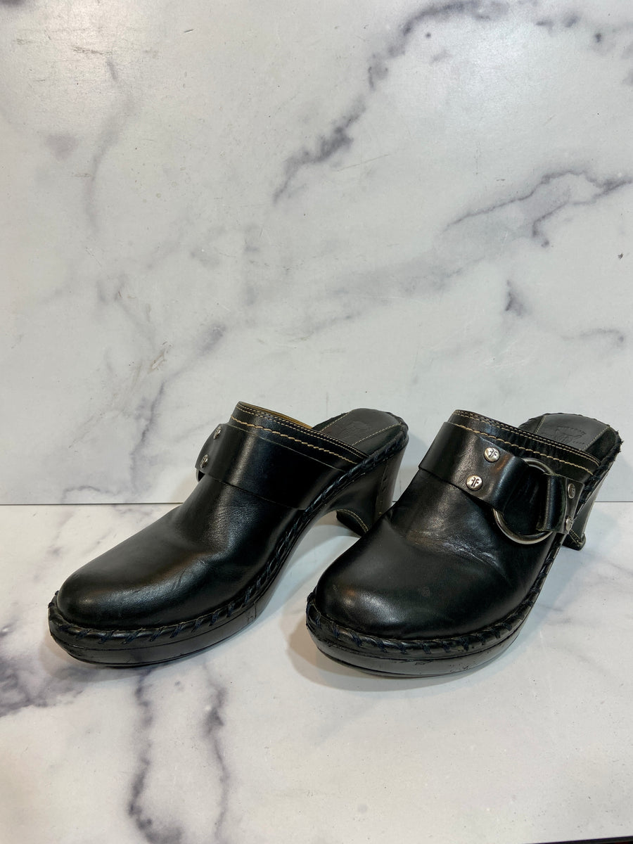 Black leather clogs