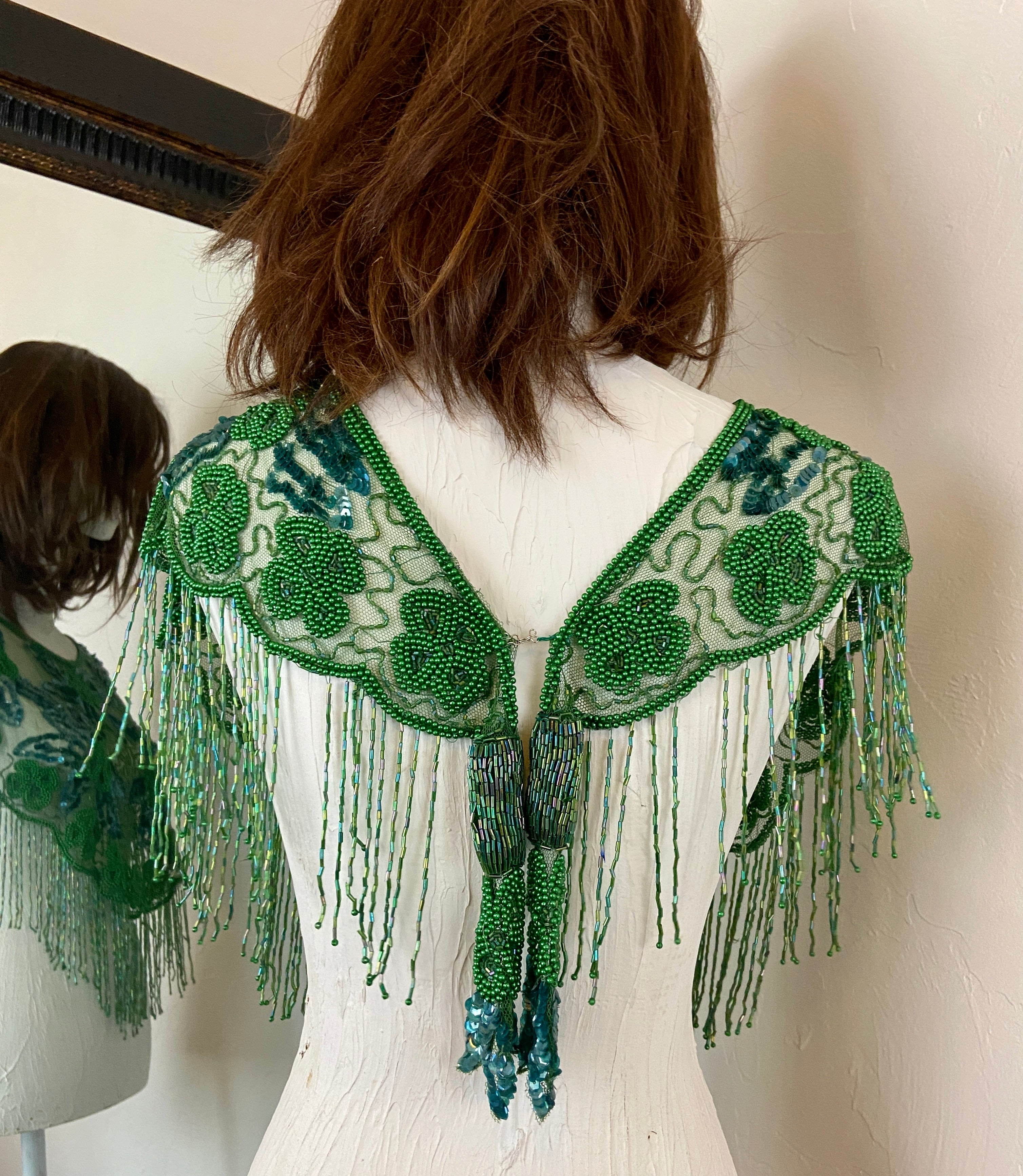 Green Glass Beaded Fringe & Sequin Shrug