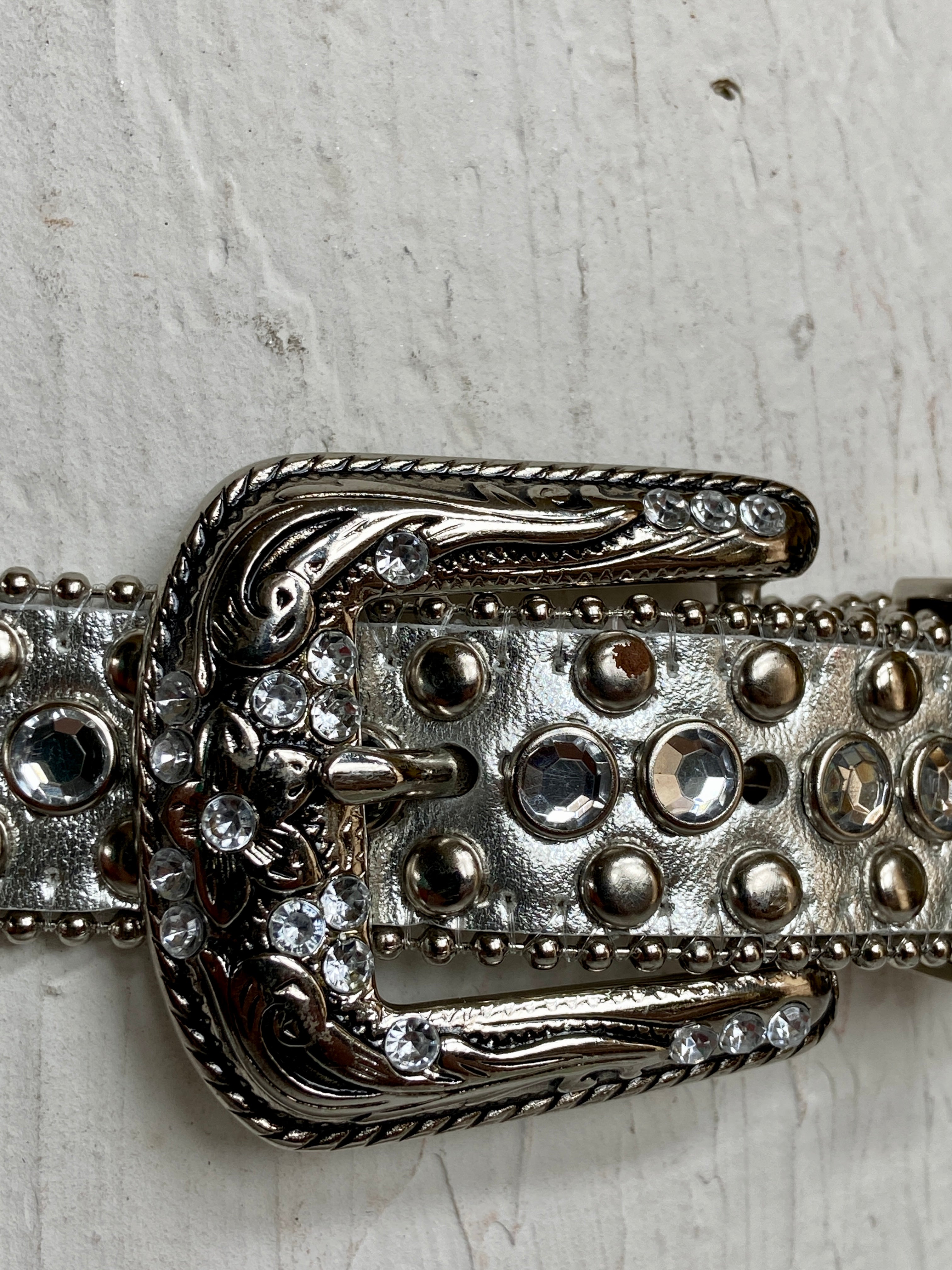 Silver Rhinestone Decor Geometric Buckle Belt