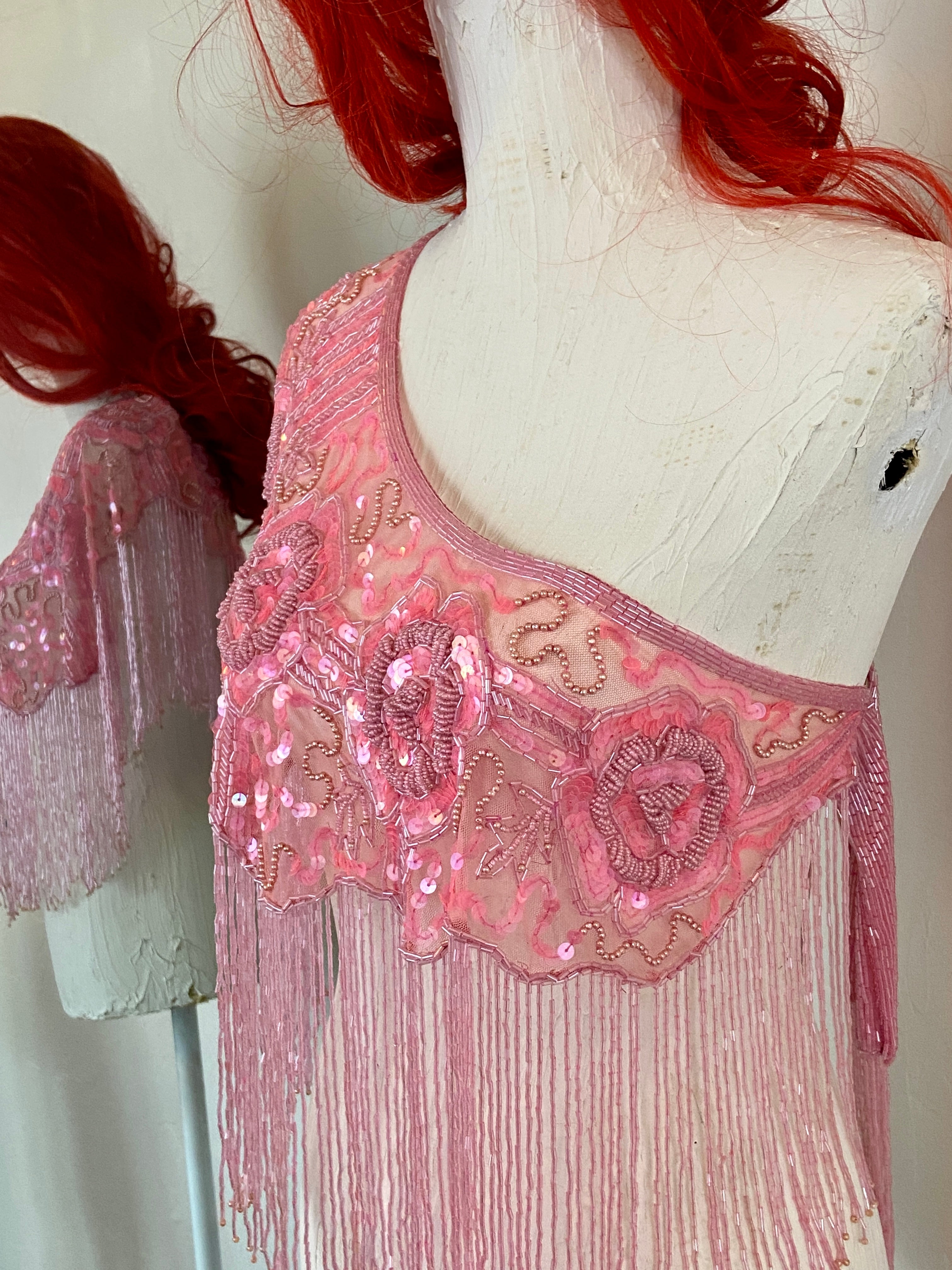 Pink Glass Beaded Fringe & Sequin Shrug