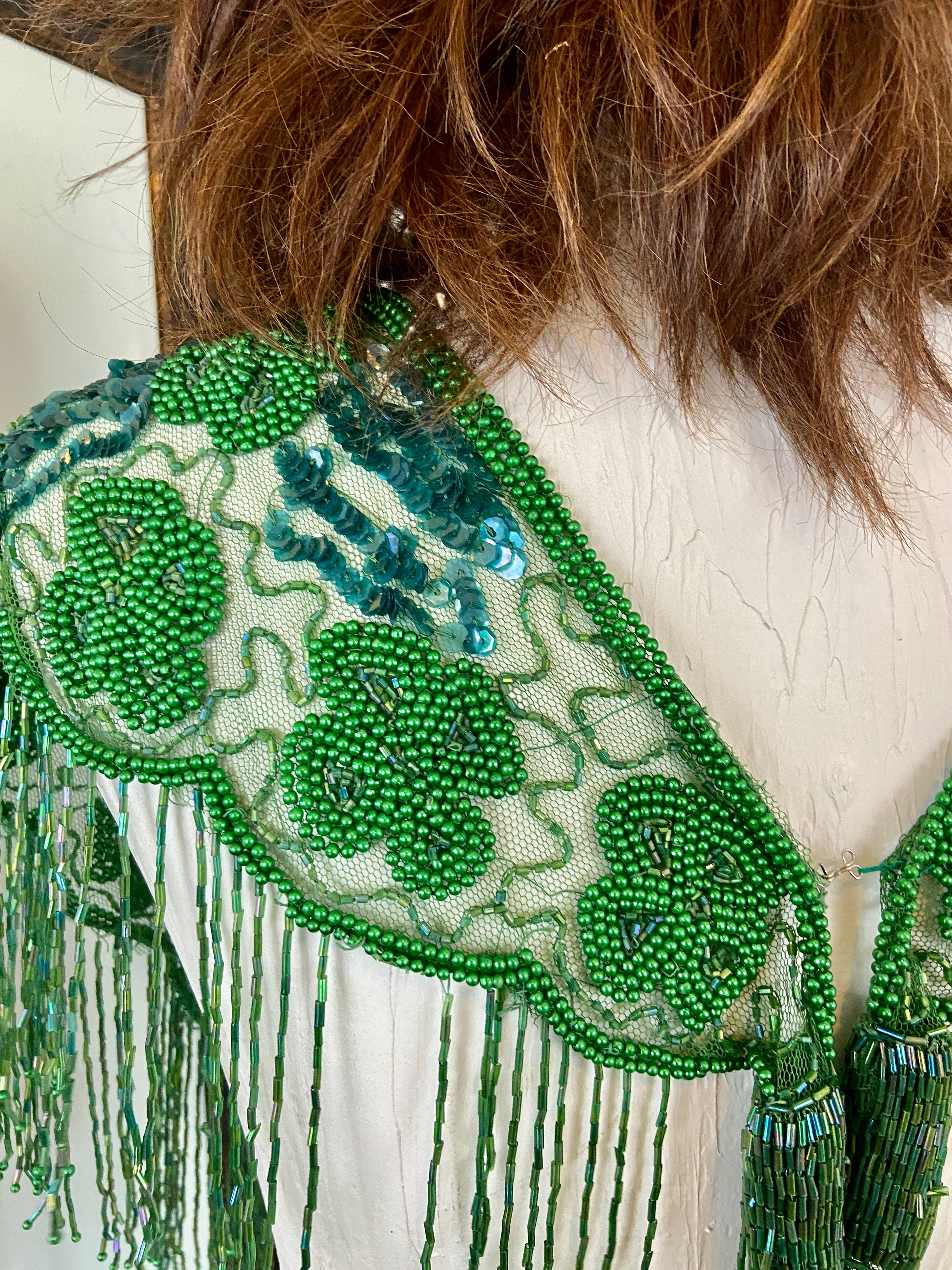 Green Glass Beaded Fringe & Sequin Shrug