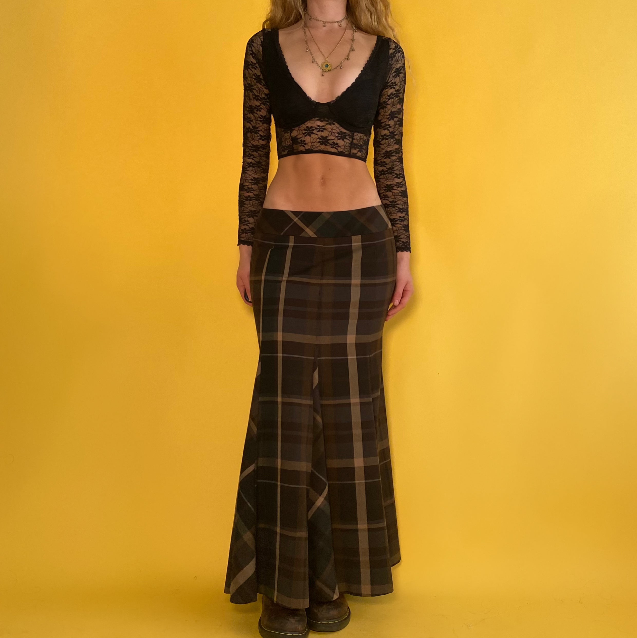 Low Rise Long Plaid Skirt
