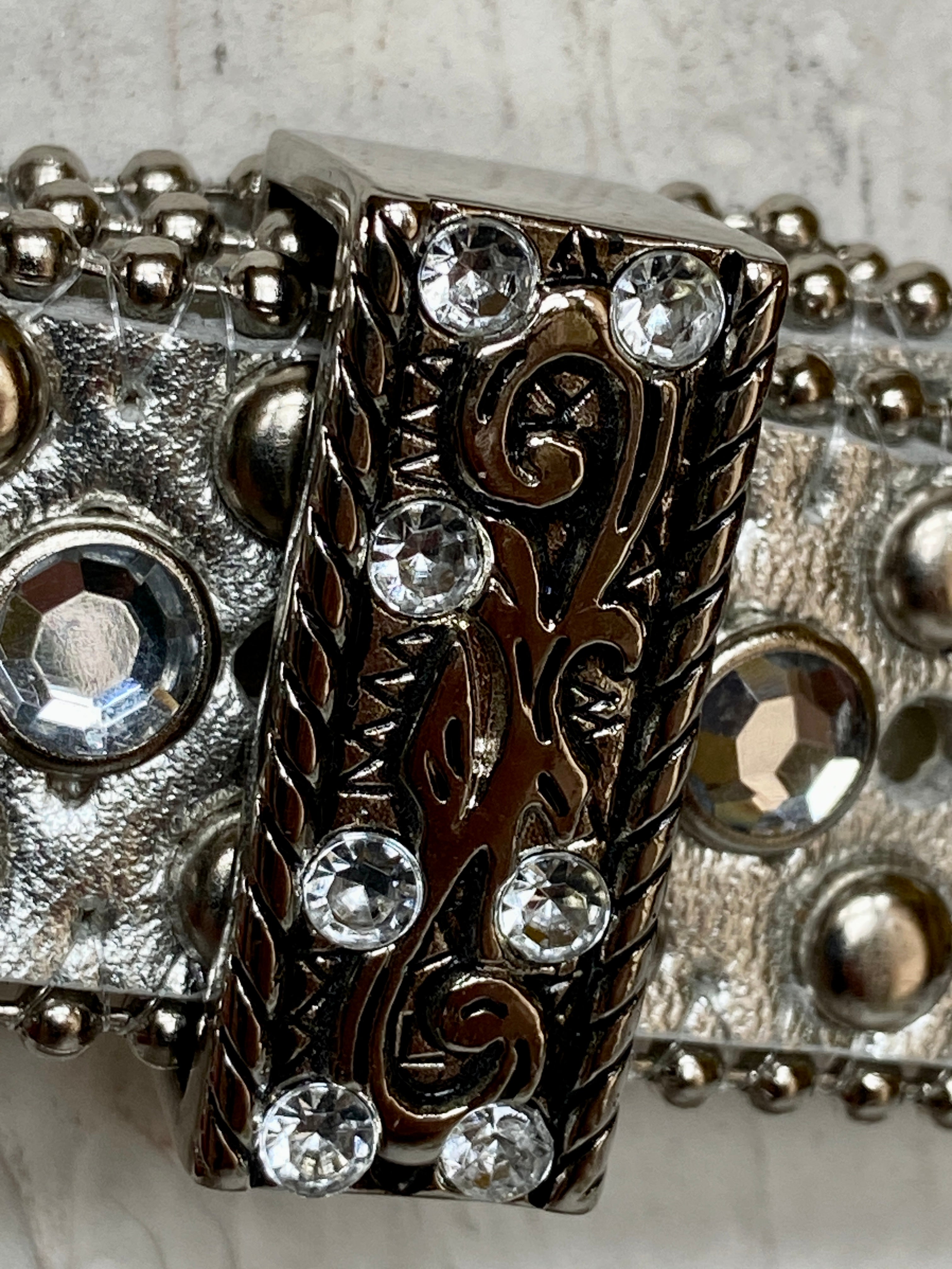 Silver Rhinestone Decor Geometric Buckle Belt