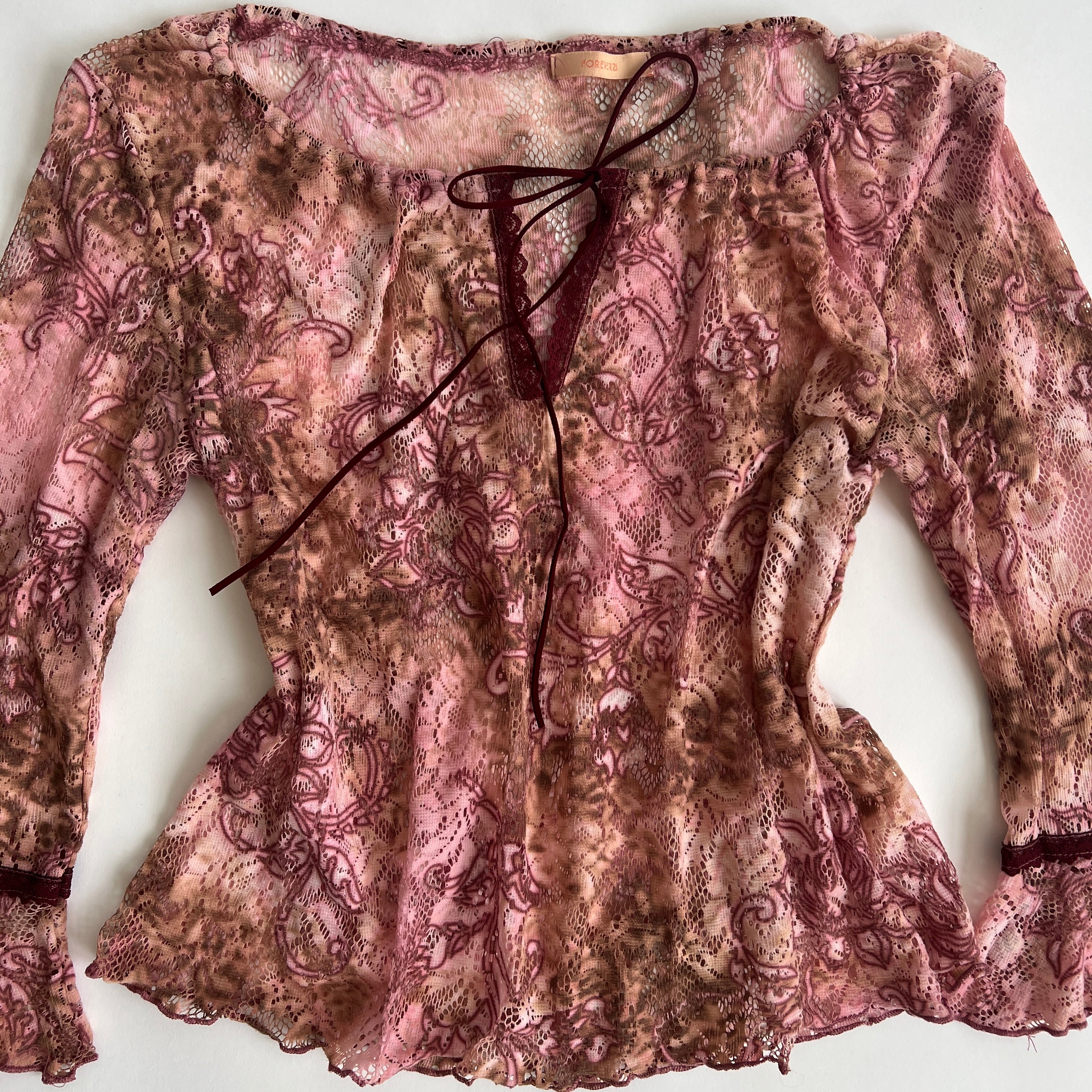 Y2K sheer floral tie dye peasant top - L