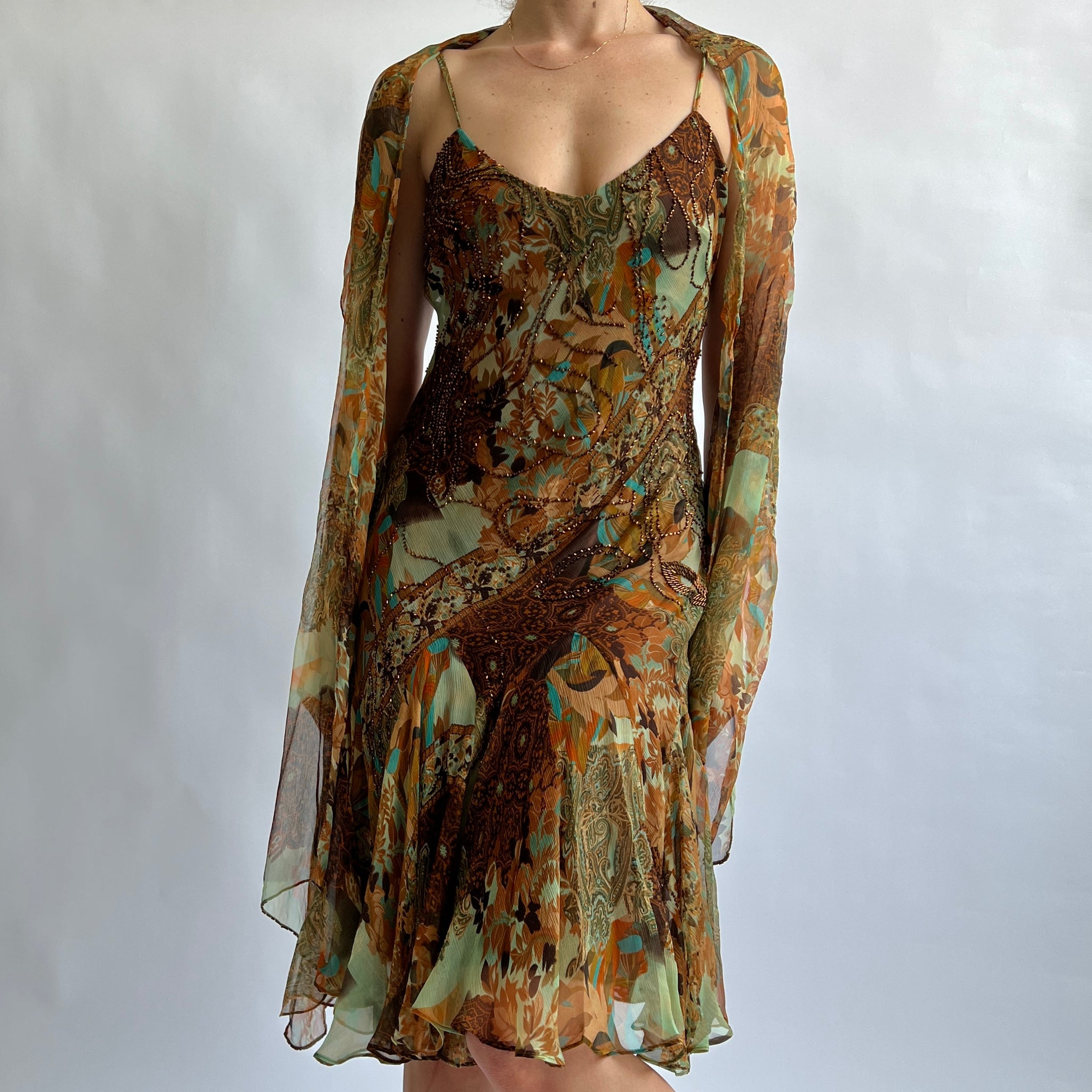 Vintage silk print beaded fairy dress + scarf