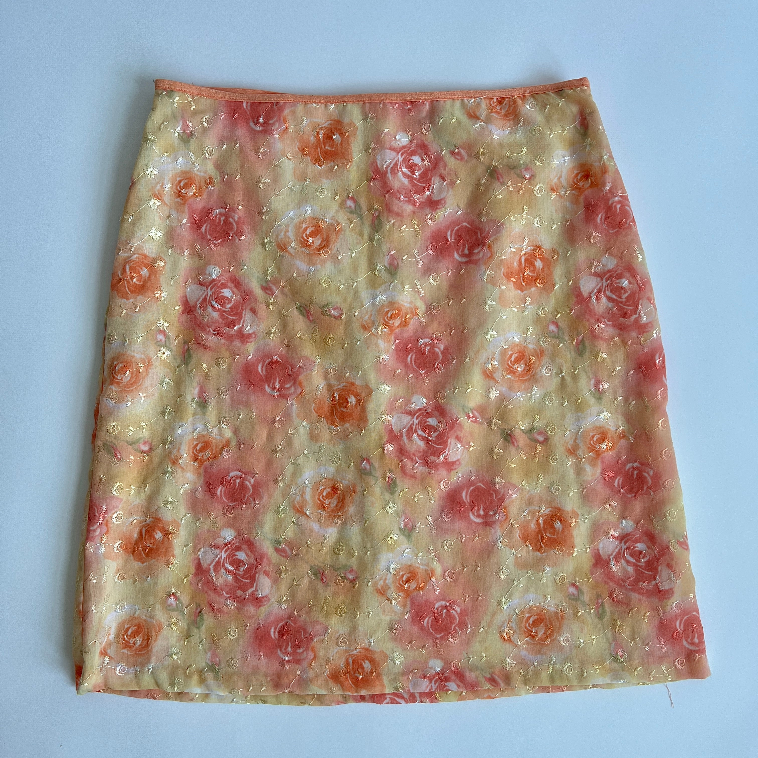 Y2K Peach rose embroidered midi skirt - L