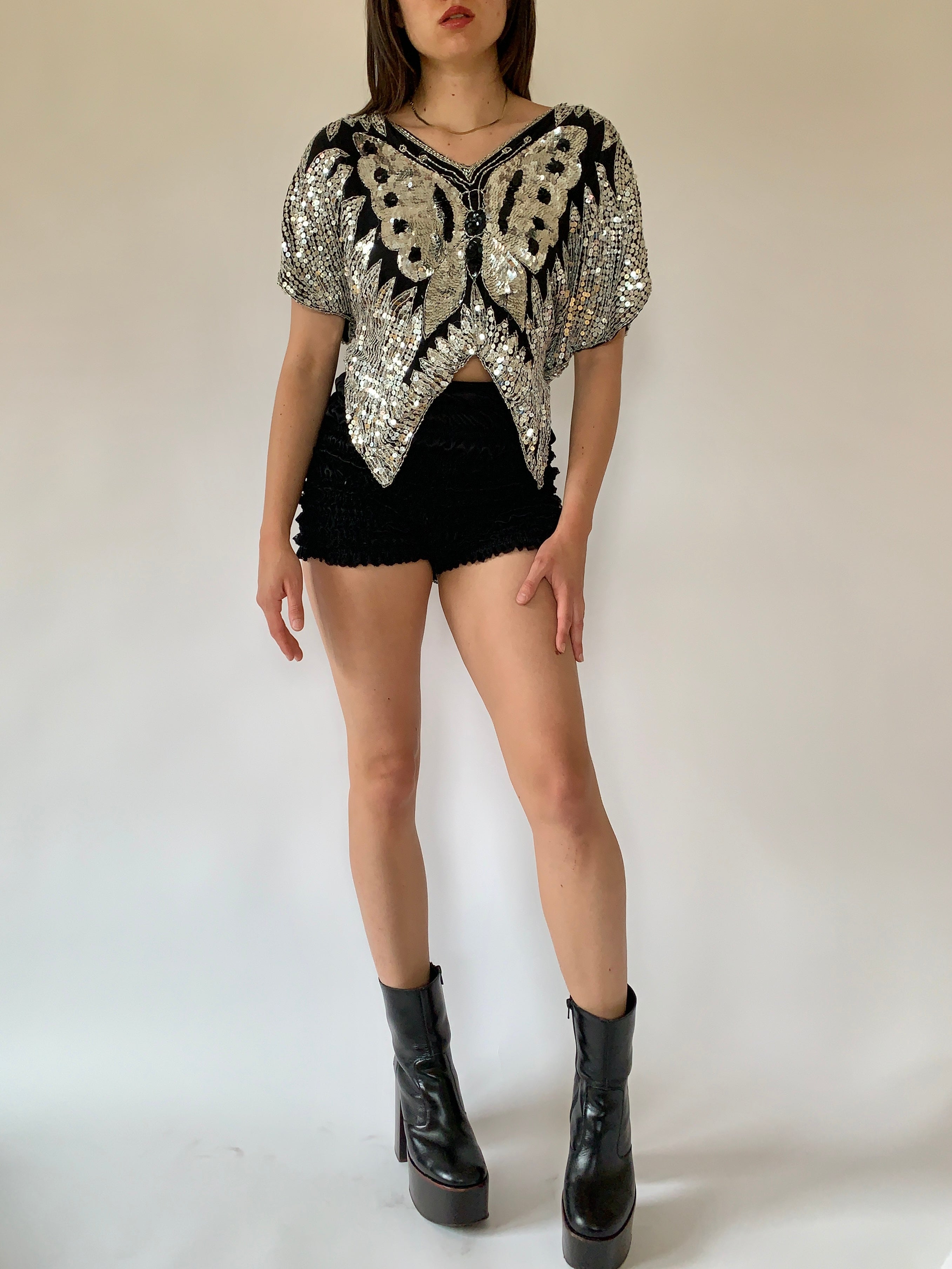 Vintage Butterfly Sequin Blouse - Small
