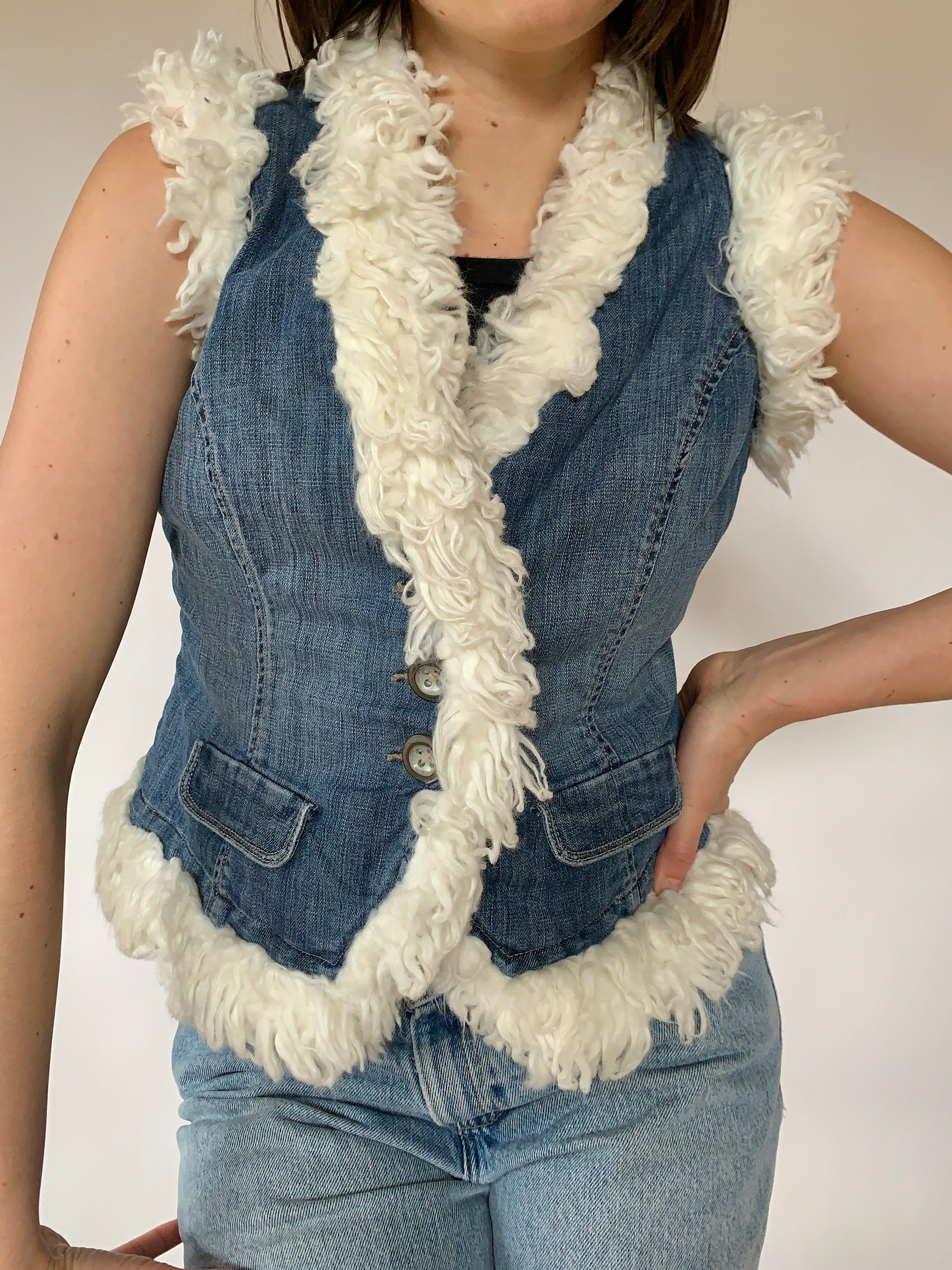Y2K Faux Fur & Denim Vest (S)