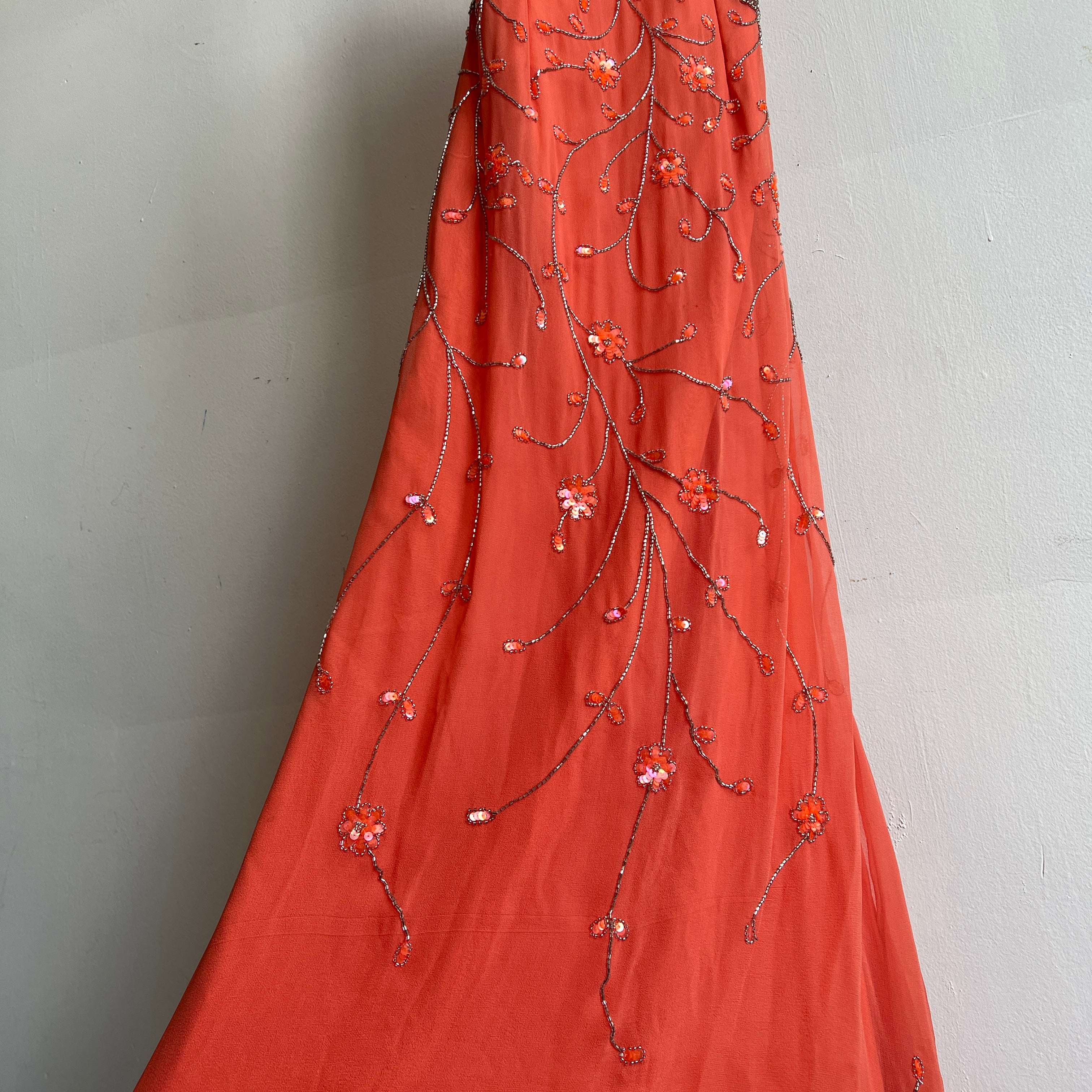 Y2K coral silk beaded formal dress - xs/s