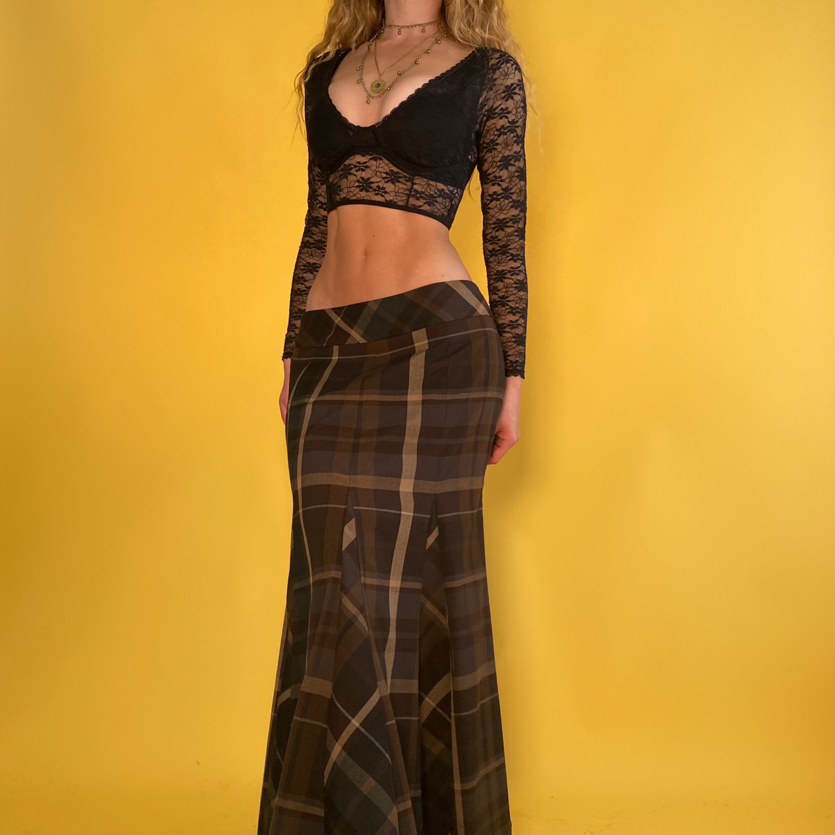 Low Rise Long Plaid Skirt