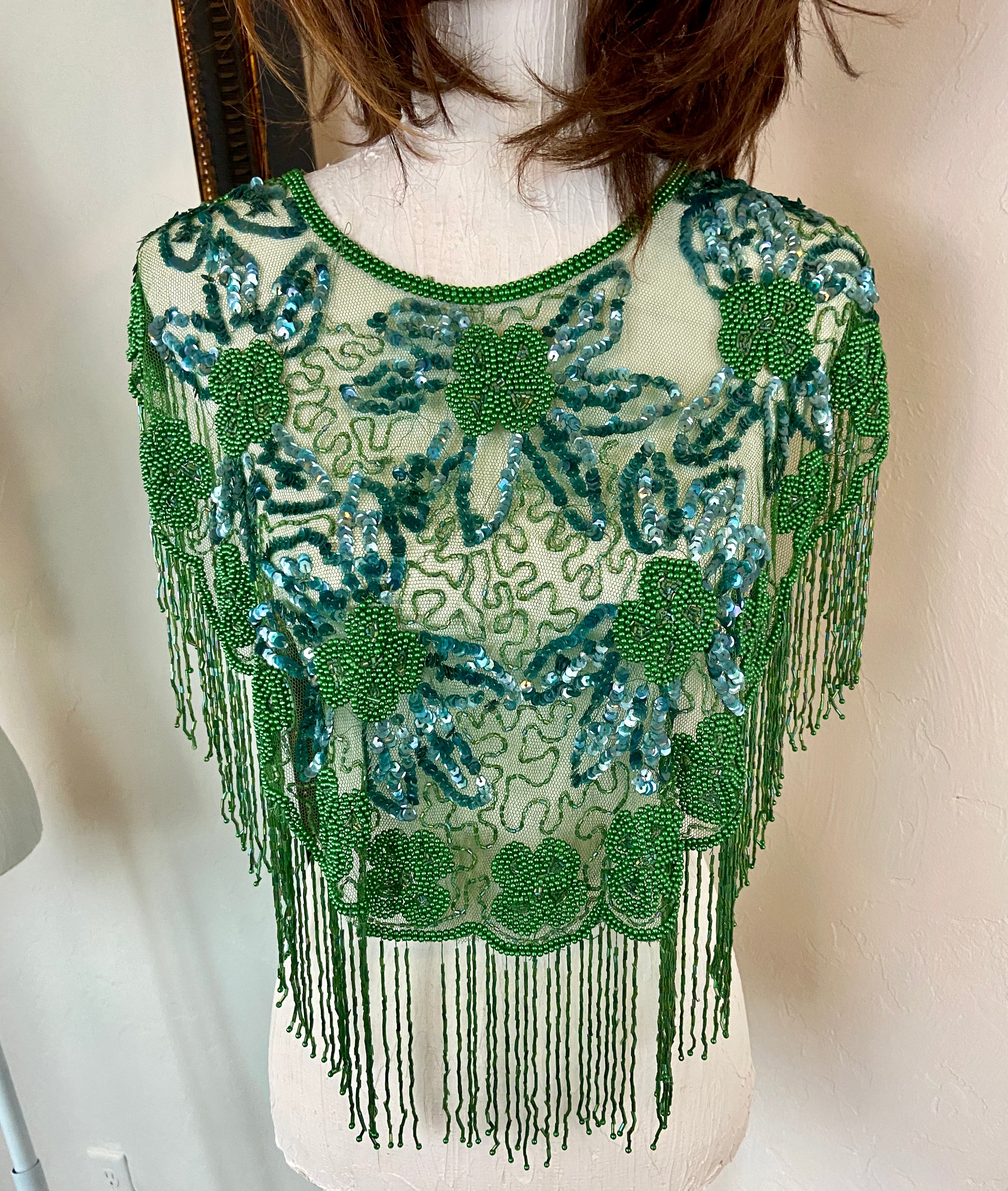 Green Glass Beaded Fringe & Sequin Shrug